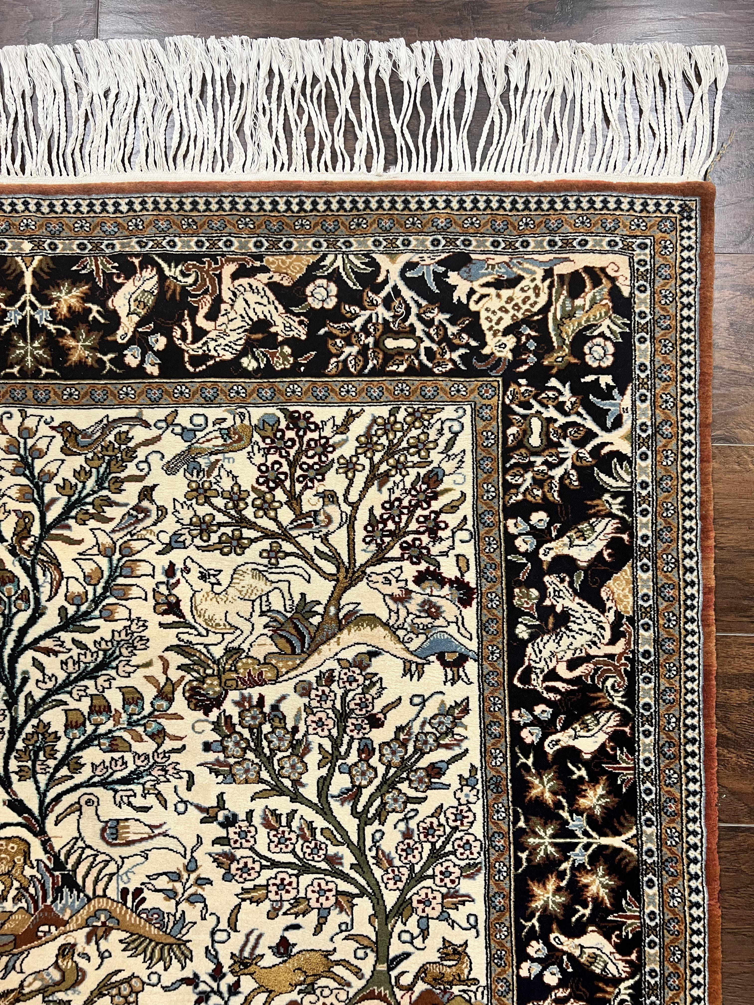 Persian Qum Tree of Life Rug 5x7, Wool and Silk Highlights, Animal Motifs, Vintage Hand Knotted Handmade Cream & Black Fine Oriental Carpet - Jewel Rugs