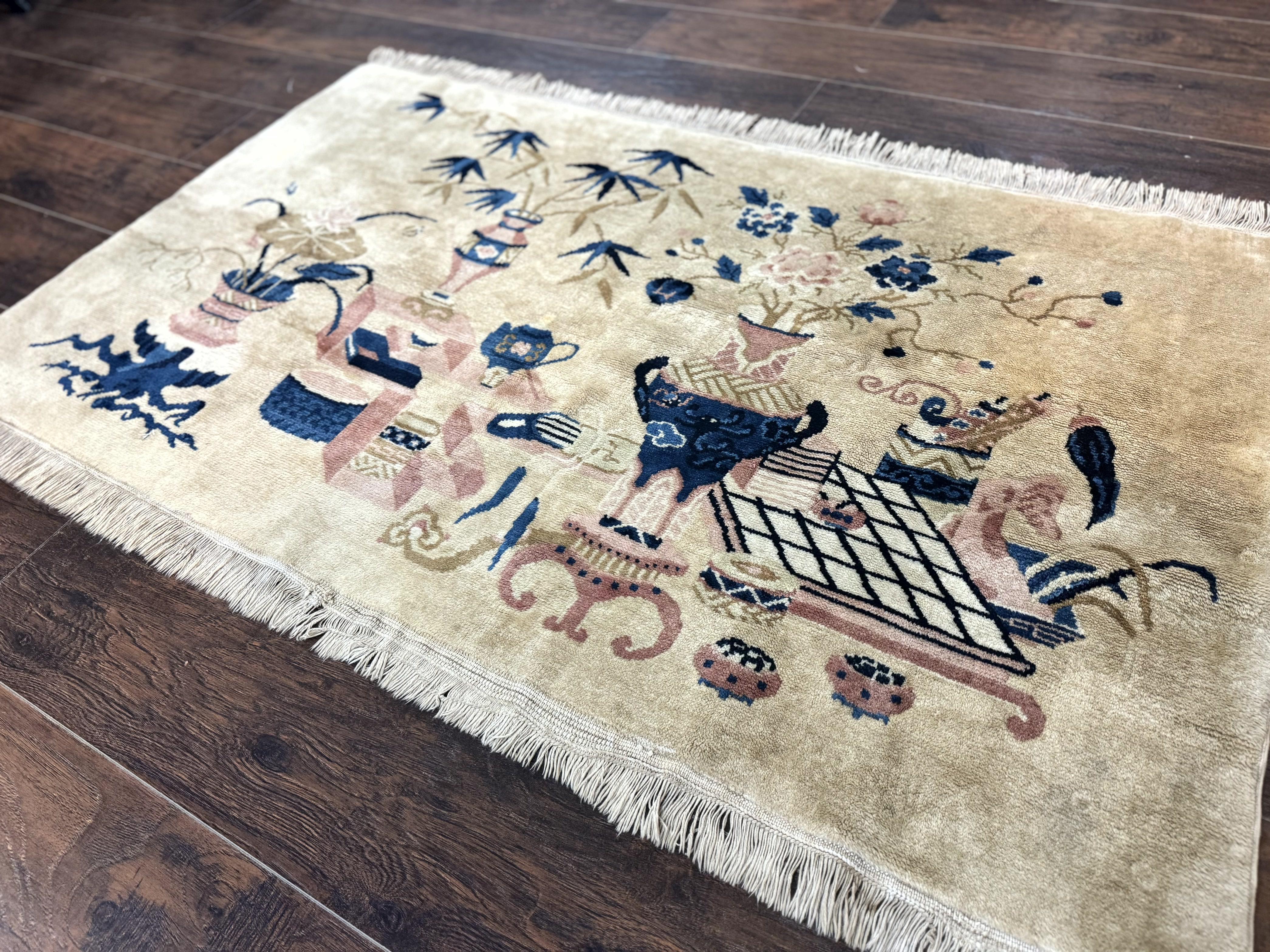 Chinese Rug 5x3, Horizontal Rug, Vases Flowers, Handmade Antique Vintage Carpet, Peking Rug, Chinese Wool Rug - Jewel Rugs