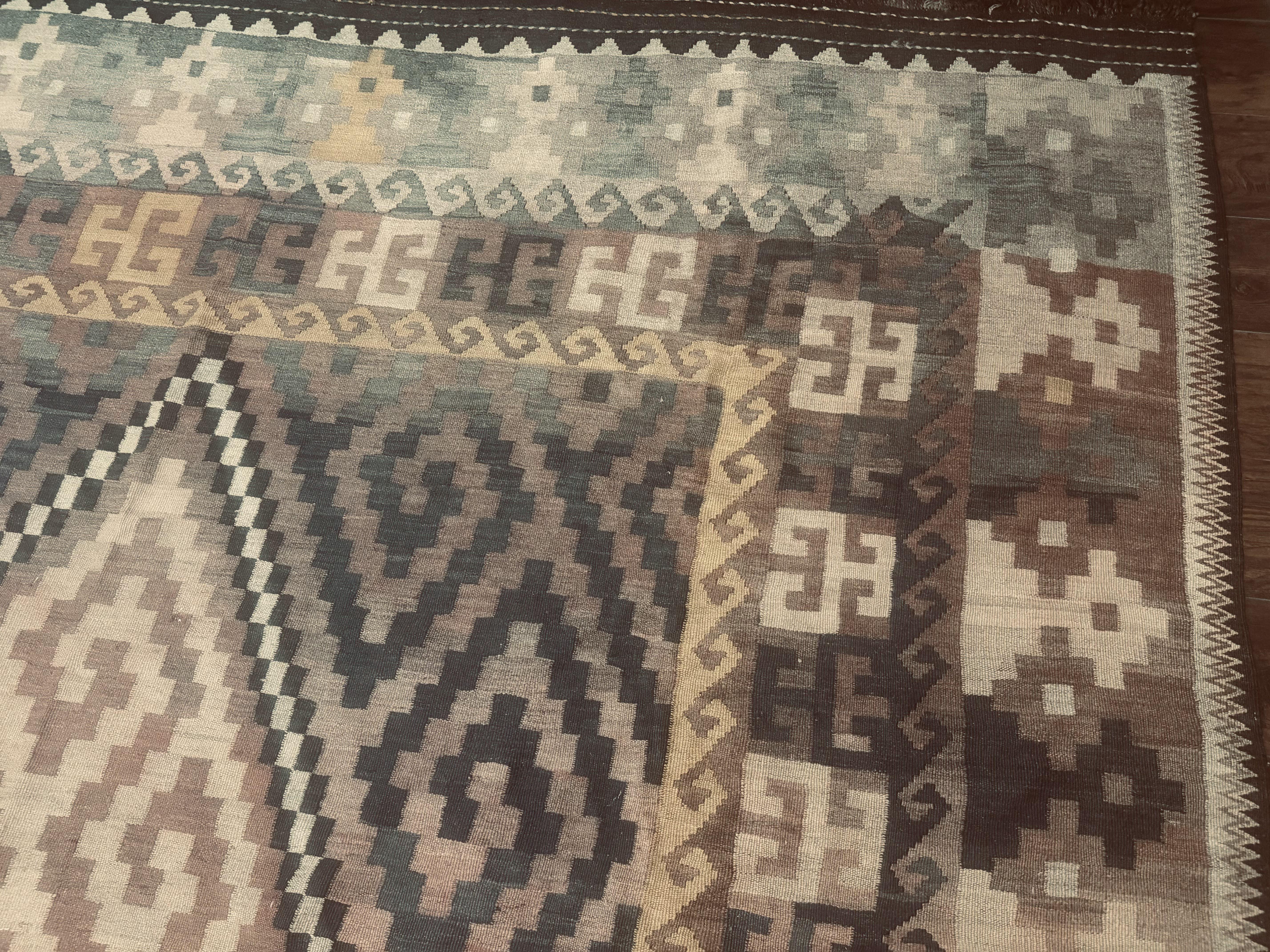 Antique Persian Tribal Kilim Rug 9x12, Zig Zag Pattern Kilim, Zarand Rug, Wool, Earth Tone Colors - Jewel Rugs