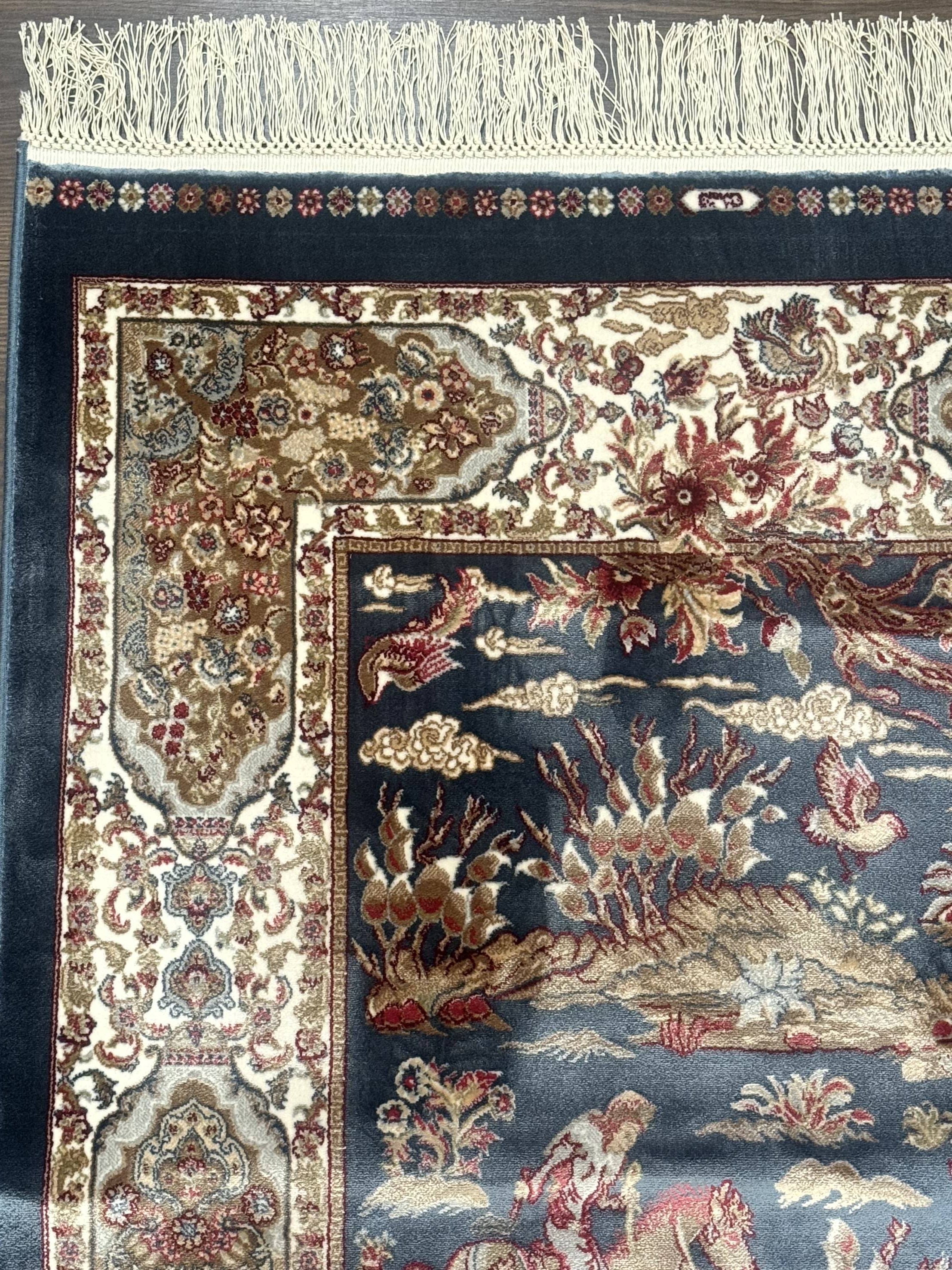 Turkish Runner Rug 2.6 x 8, Hunting Design, Blue & Ivory, Bamboo Silk, New - Jewel Rugs