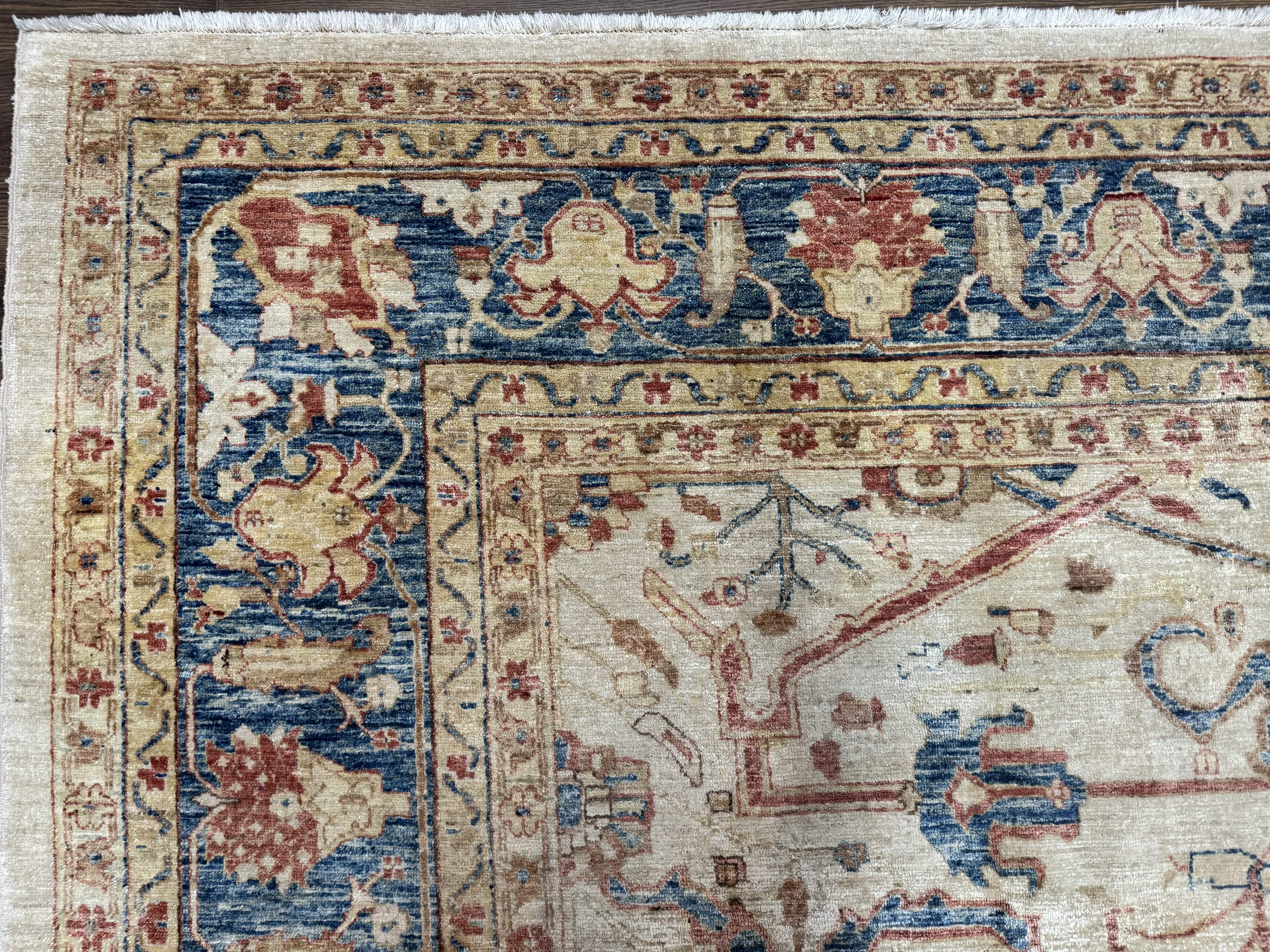 Pakistani Peshawar Rug 10x12 – Tan and Blue, Hand-Knotted Wool Oushak Carpet - Jewel Rugs