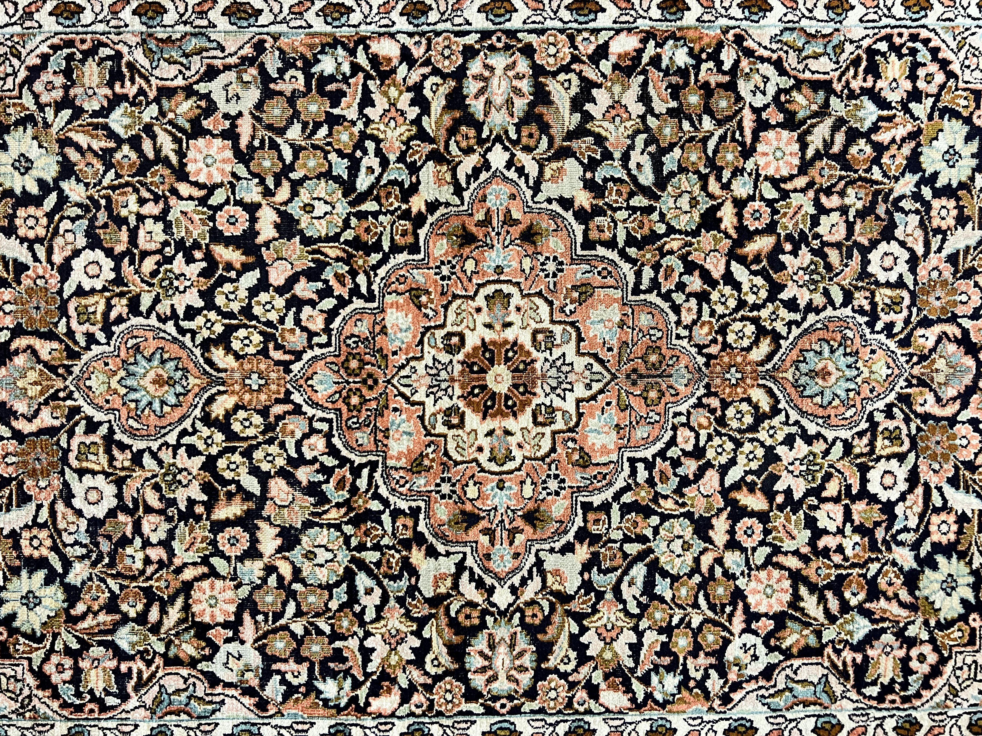 Silk Indian Kashmiri Rug 3x5, Indo Persian Silk on Silk Carpet, Very Fine 350 KPSI, Navy Blue, Handmade, Floral Medallion - Jewel Rugs