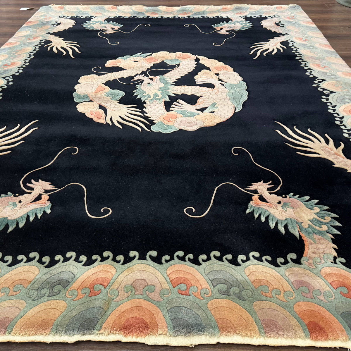 Black Chinese Wool Rug 8x10 with Dragons, Rainbow Borders, Rare Jewel
