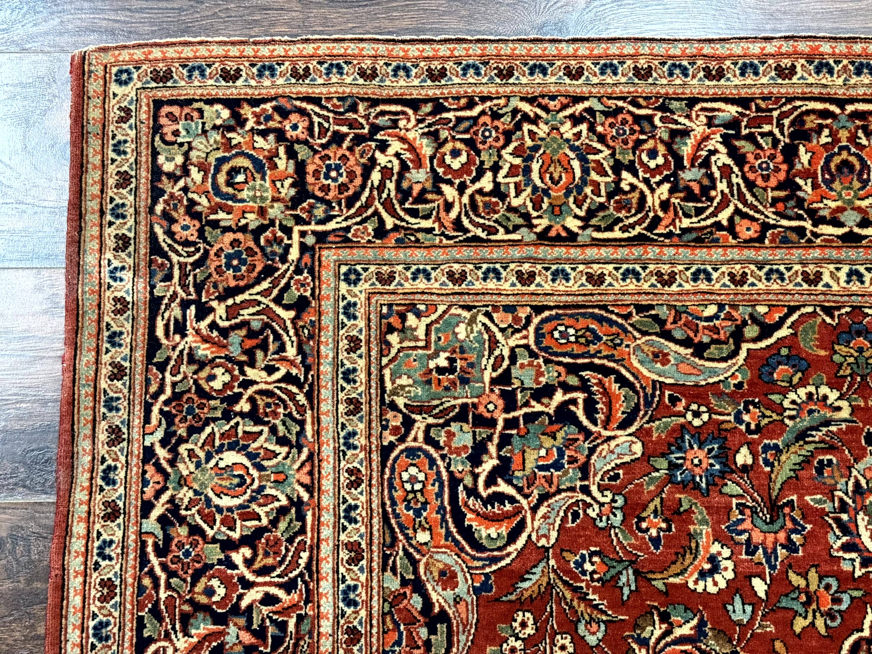 Persian Kashan Rug 4x7, Red and Navy Blue, Floral Antique Carpet - Jewel Rugs