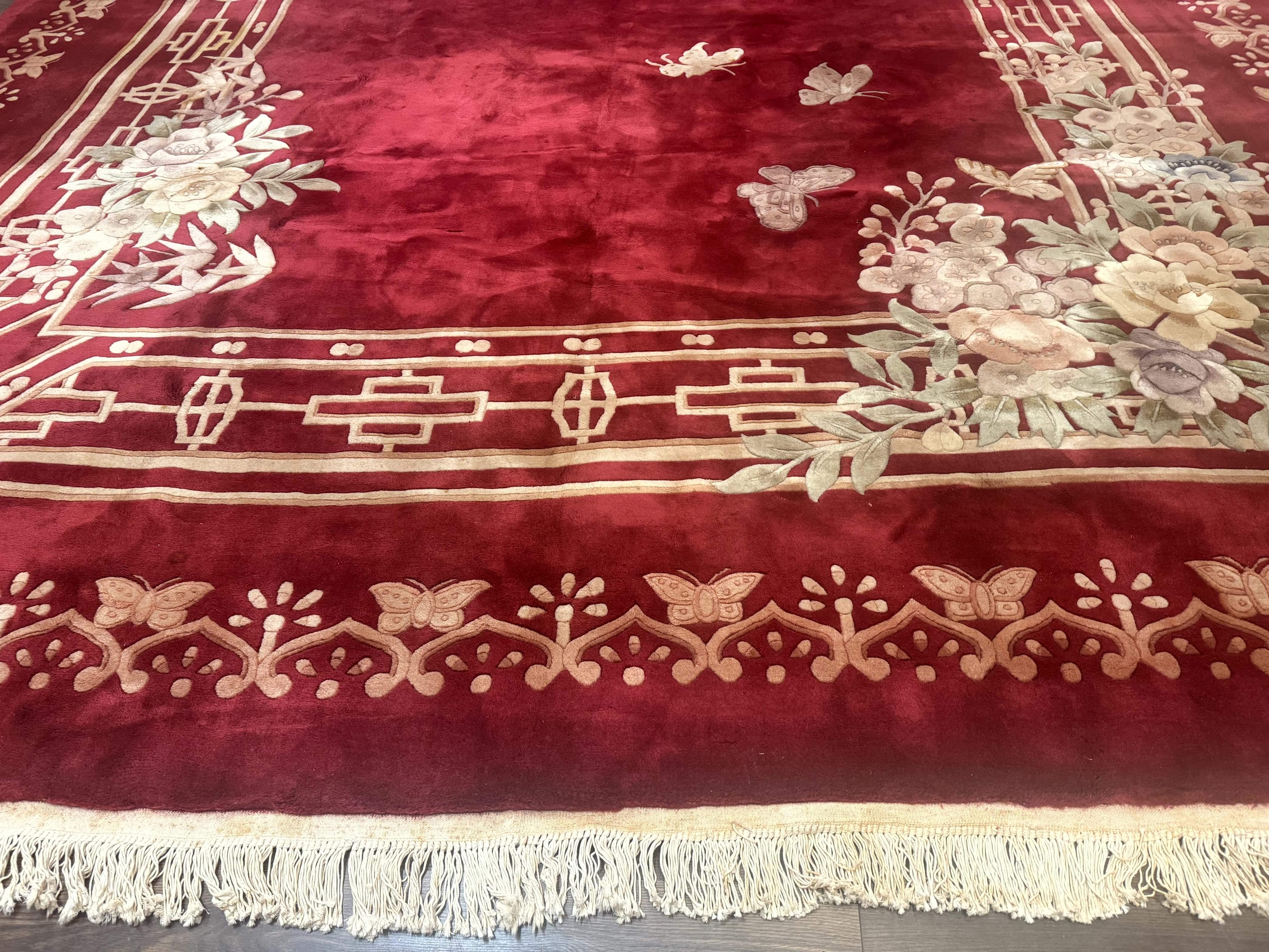 Palace Size Chinese Wool Rug 12x18, Red Art Deco Chinese Carving Carpet, Butterflies Flowers - Jewel Rugs