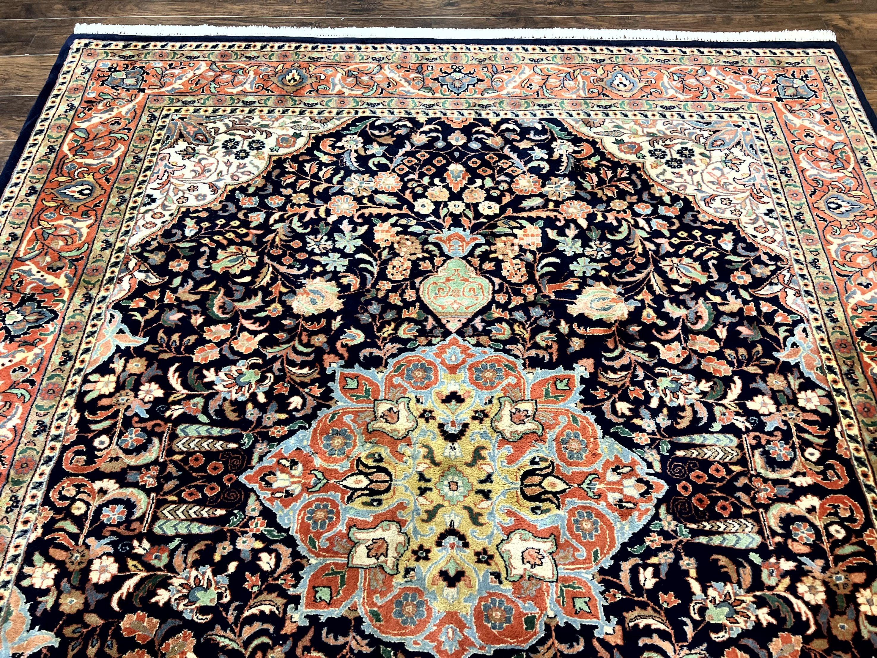 Indo Persian Rug 8x10, Midnight Blue & Red, Handmade Vintage Wool Carpet, Floral Medallion - Jewel Rugs