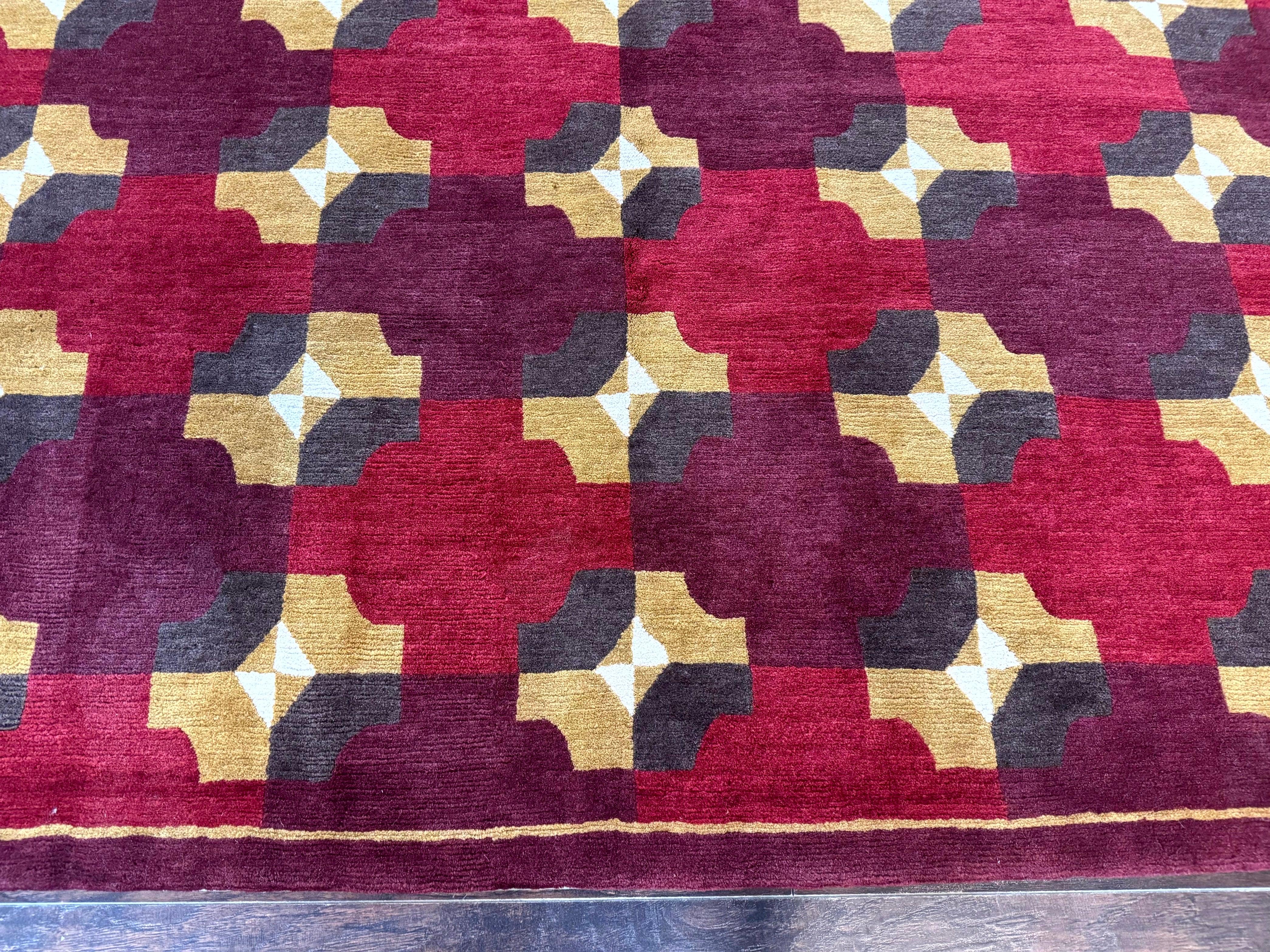 Modern Tibetan Rug 5 x 6.8, Wool, Red, Allover Pattern, Nepali Rug, Abstract Rug, Handmade Area Rug - Jewel Rugs