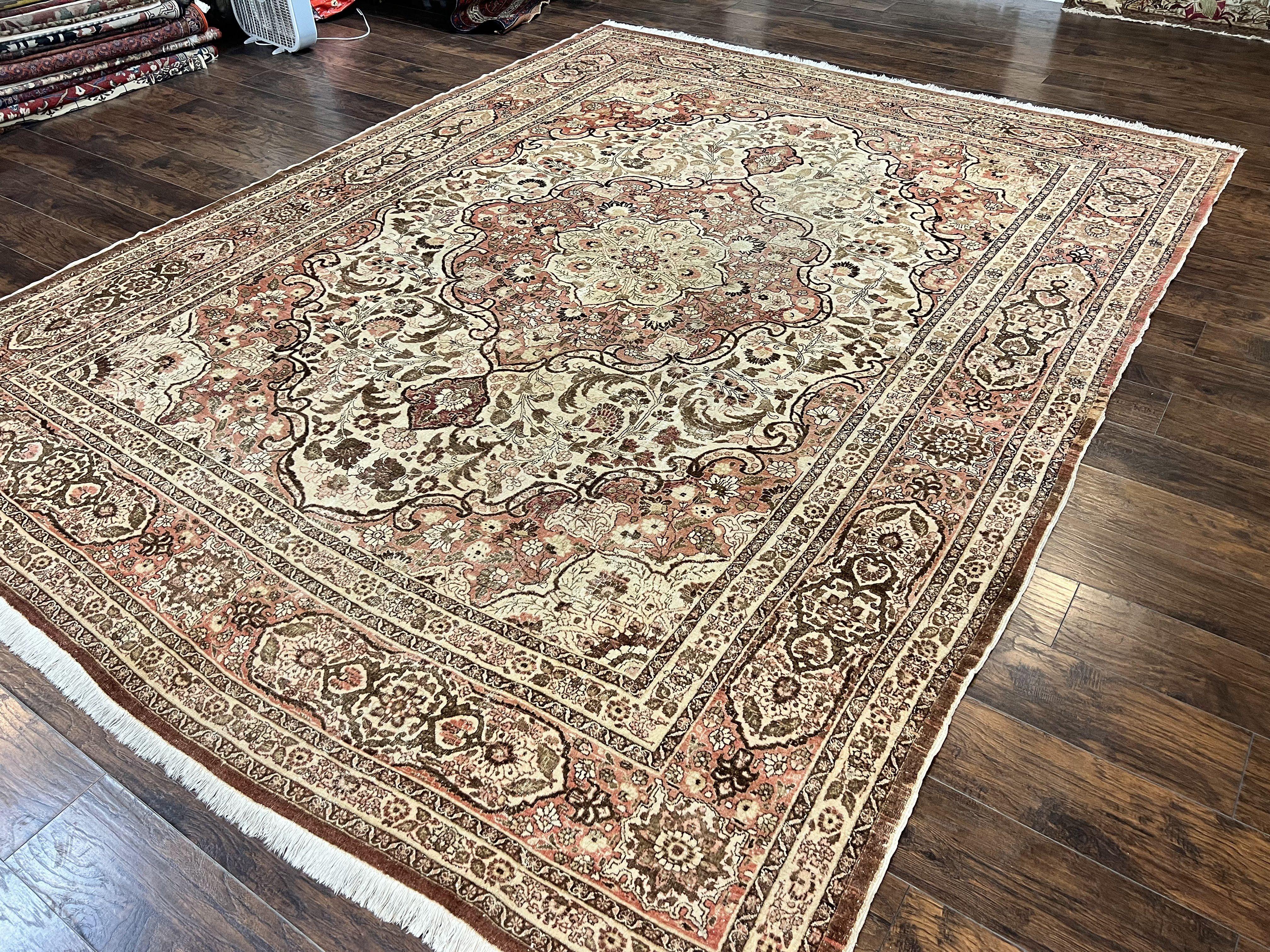 Antique Persian Tabriz Rug 10x12, Wool Hand Knotted Oriental Carpet, Beige Light Red, Floral Medallion - Jewel Rugs