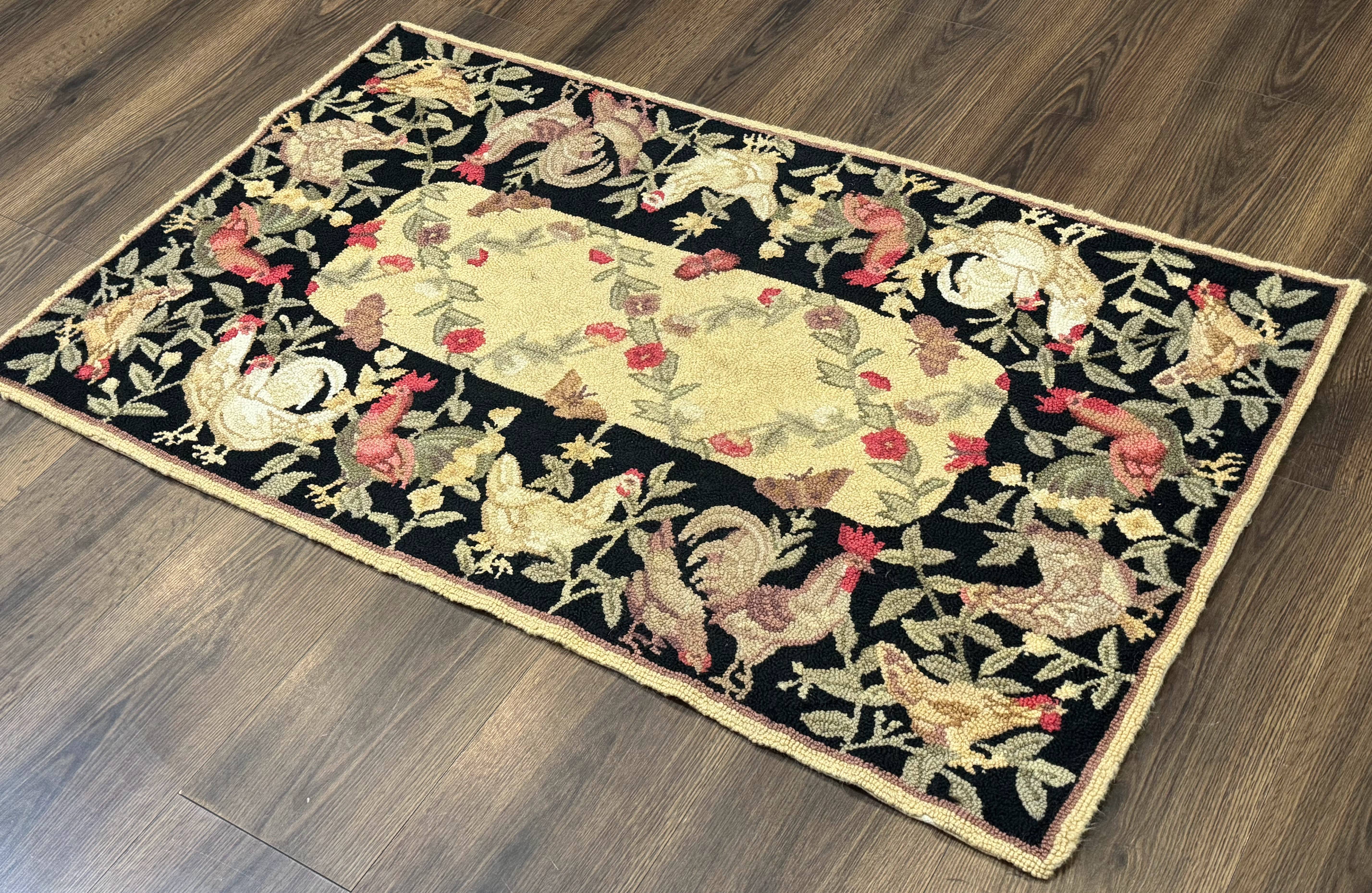 Small Vintage Hooked Rug, Roosters, Handmade, Wool - Jewel Rugs
