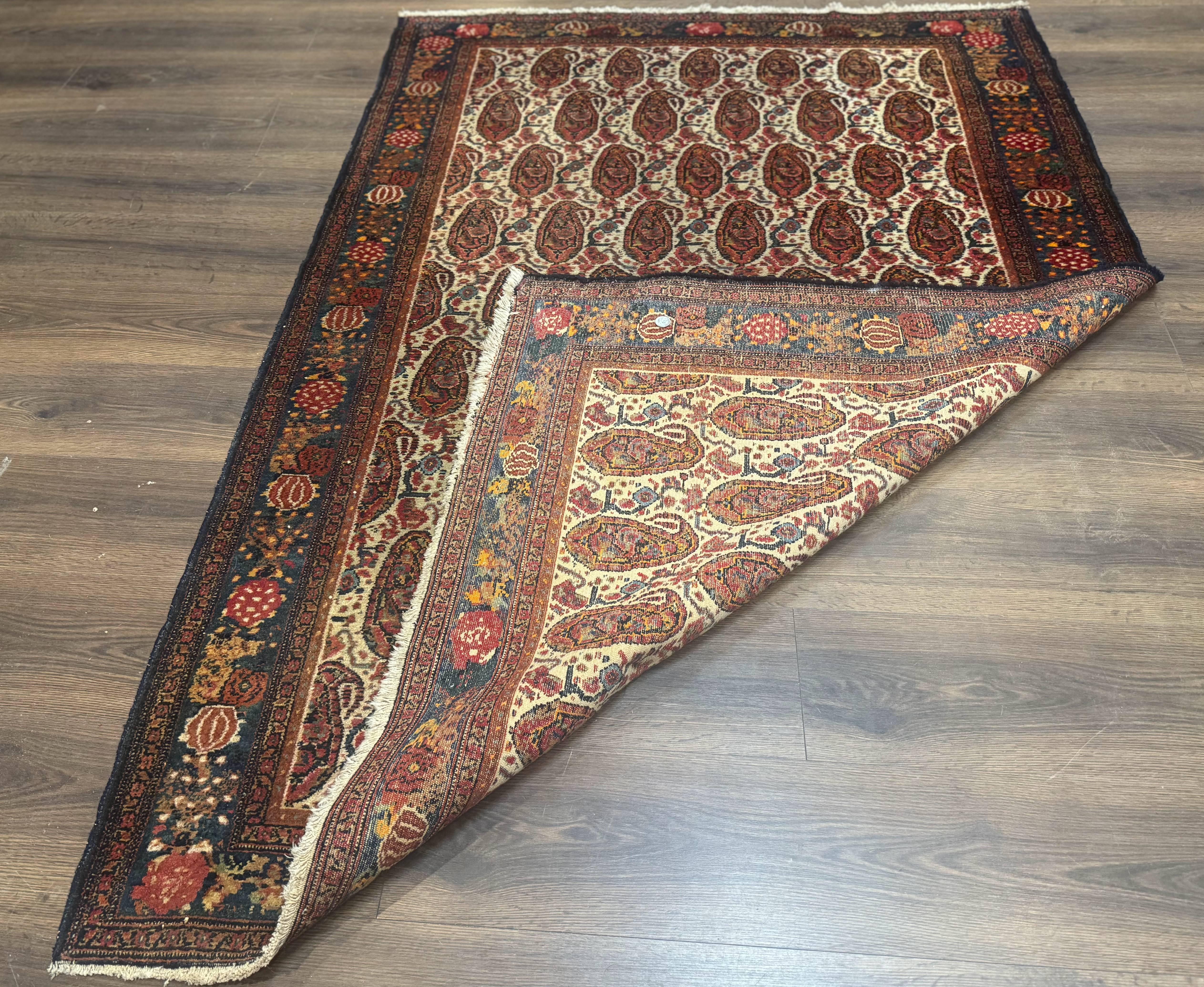 Antique Persian Kurdish Senneh Rug 4.6 x 6.5, Repeated Paisely Boteh Design, Handmade - Jewel Rugs