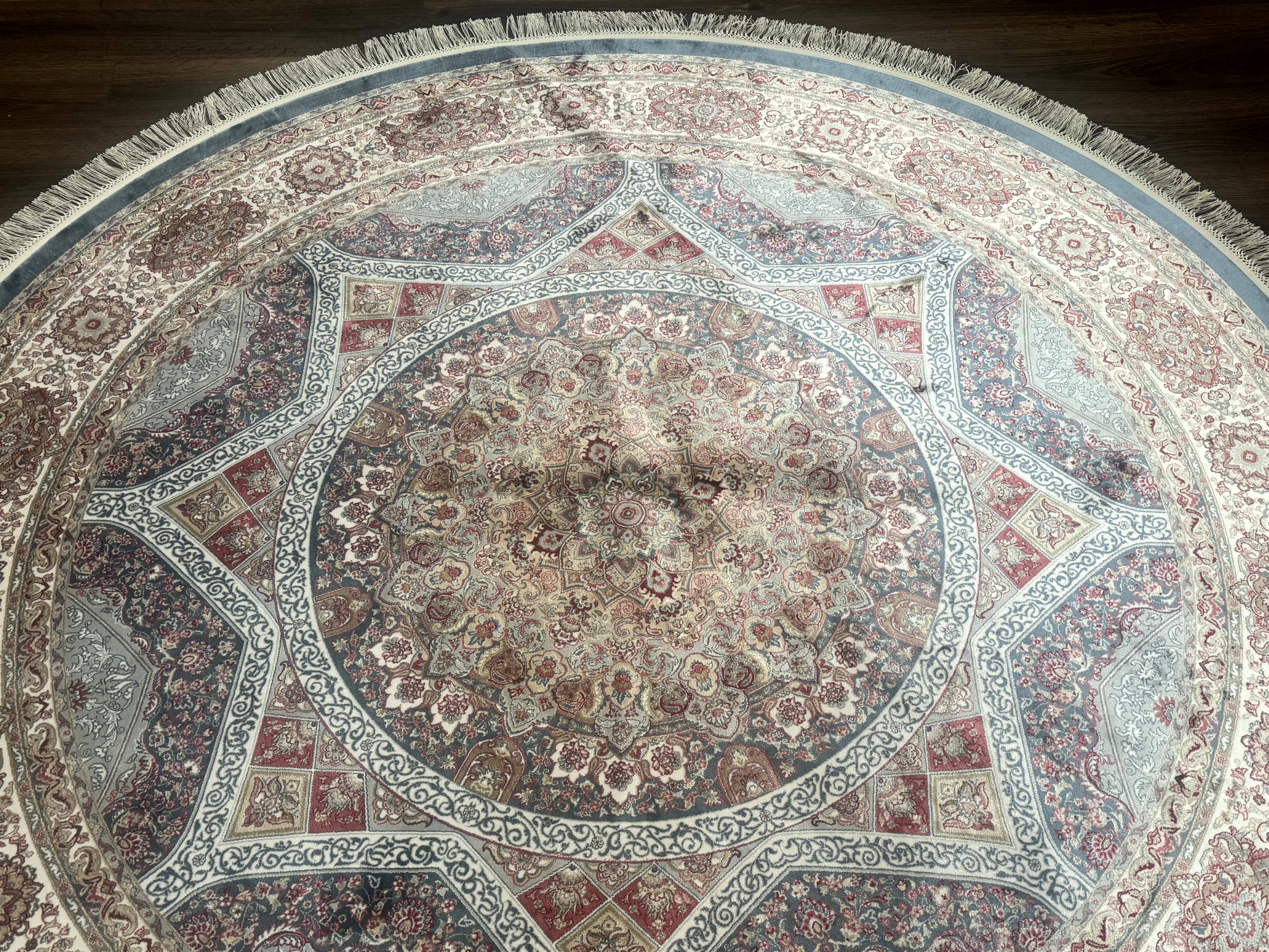 Round Silk Rug 6x6, Blue and Ivory, Turkish Silk Carpet, Bamboo Silk - Jewel Rugs