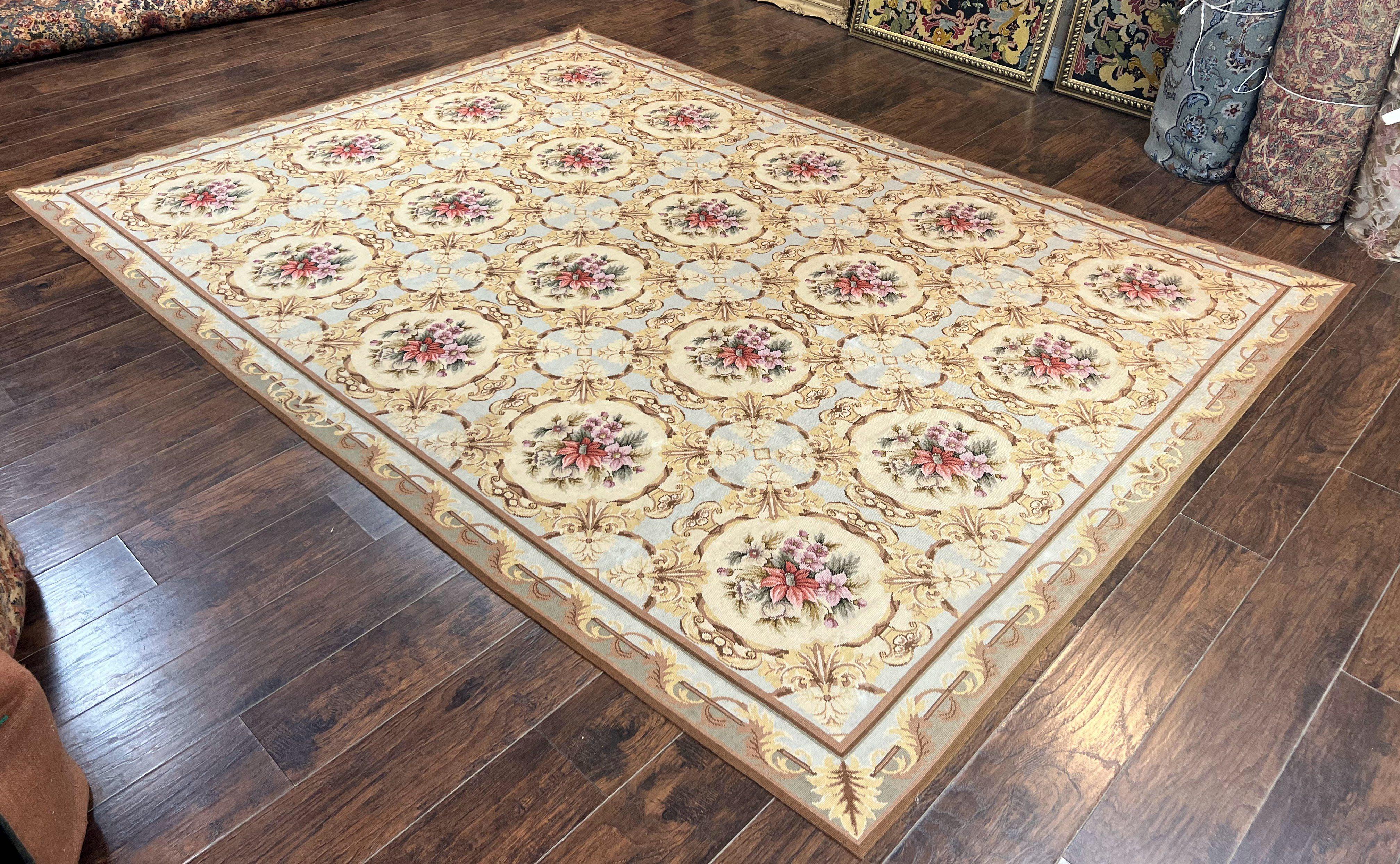 Chinese Needlepoint Rug 8x11, Handmade Wool Needlepoint Carpet, Vintage, Sky Blue - Jewel Rugs