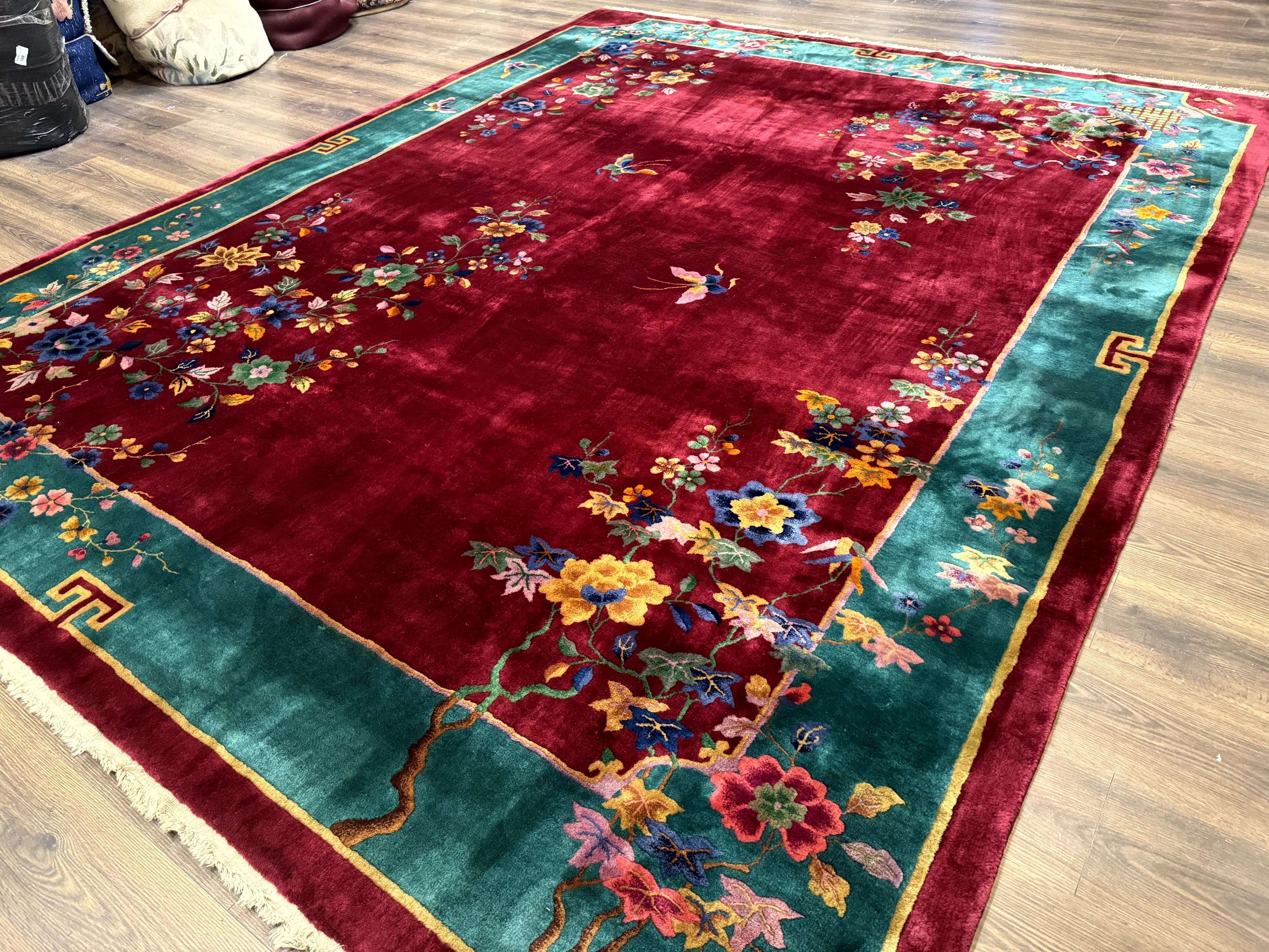 Antique Chinese Art Deco Rug 9x11, Rare, Nichols Rug, Cherry Red and Green, Chinese Wool Carpet - Jewel Rugs