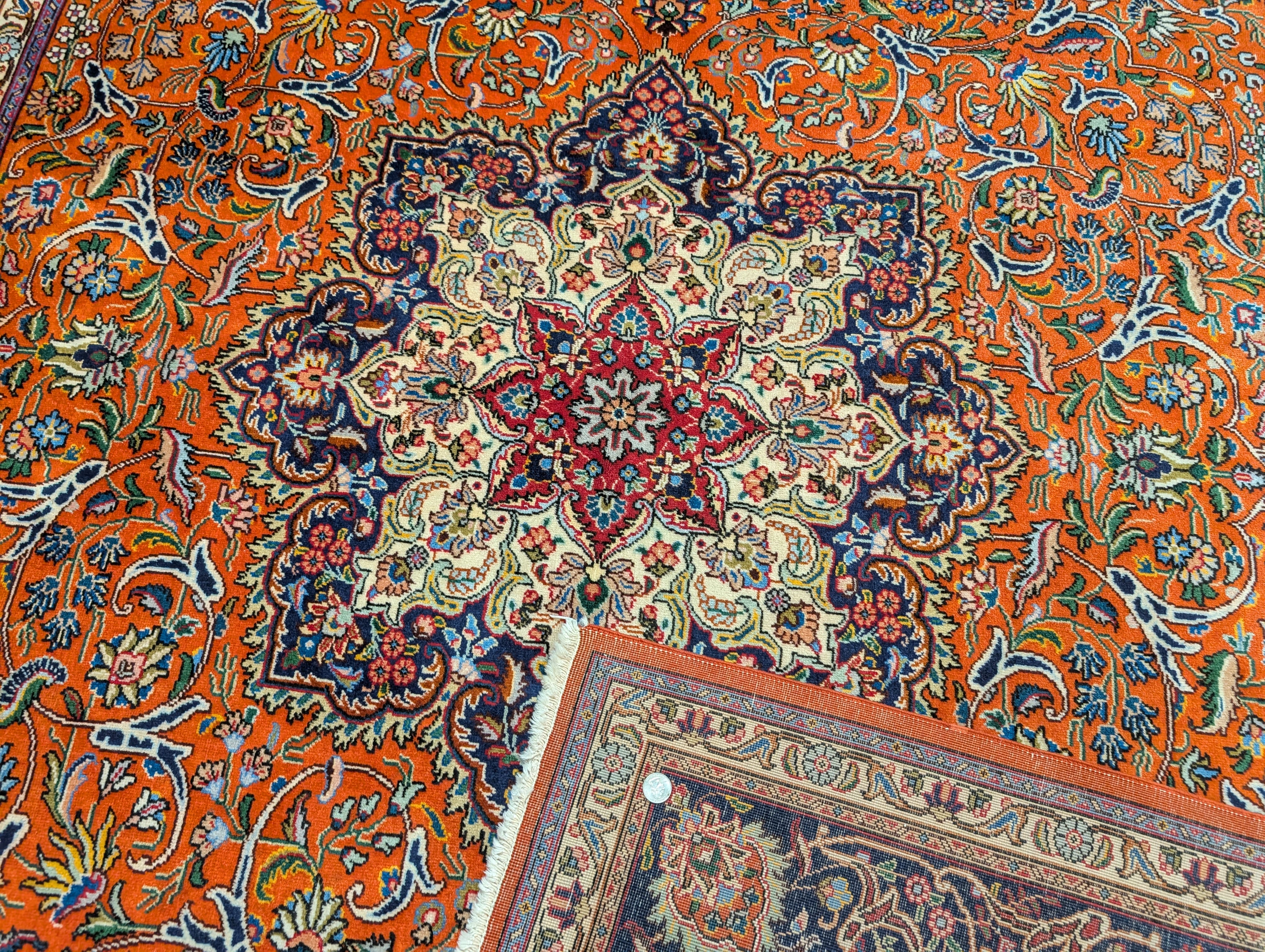 Persian Tabriz Rug 7x10, Hand-Knotted Wool Carpet, Burnt Orange & Navy Blue - Jewel Rugs