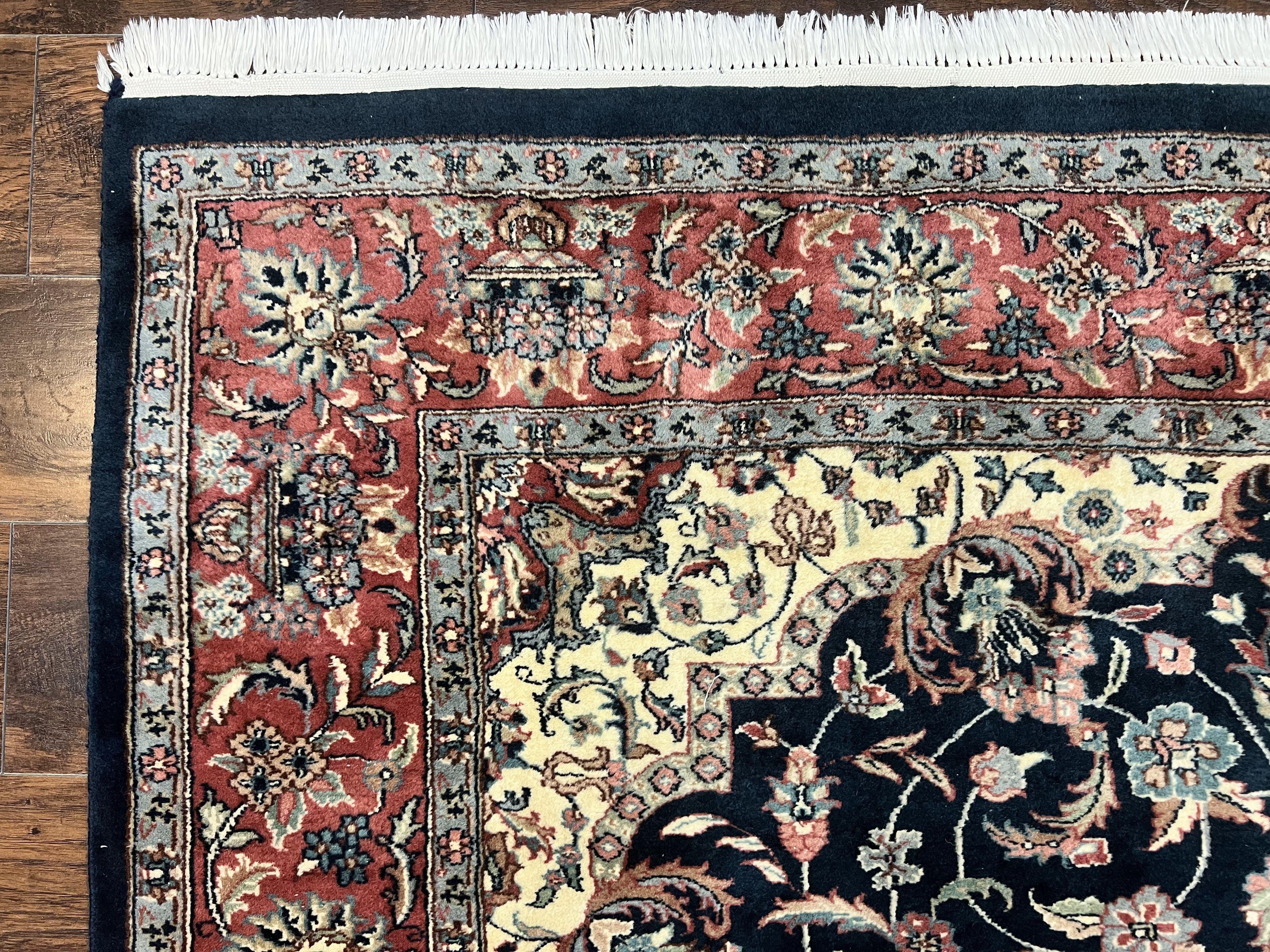 Pak Persian Rug, Floral Medallion, Dark Blue & Rose, Traditional Oriental Carpet, Handmade Wool Vintage Medium Size Rug - Jewel Rugs