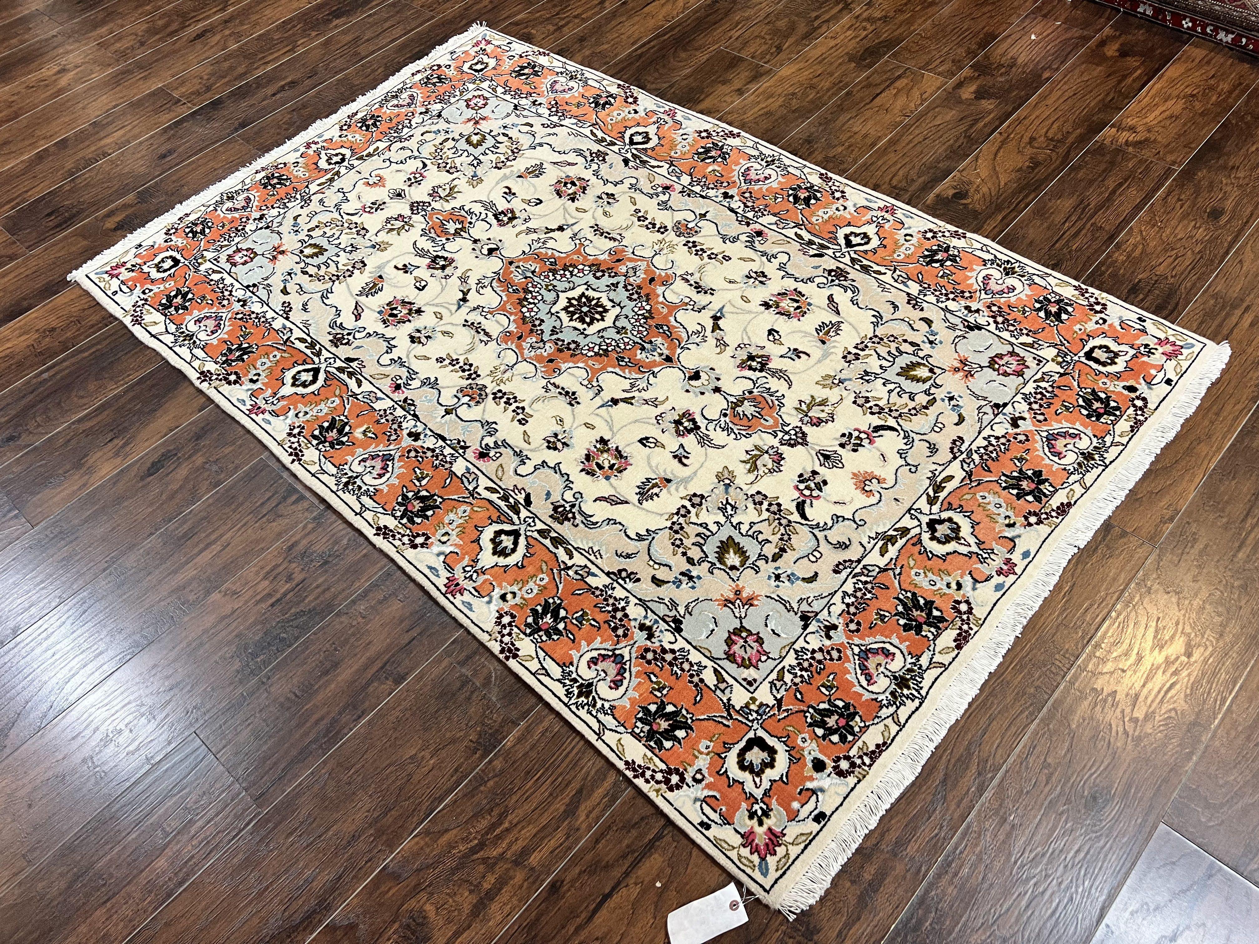 Persian Tabriz Rug 4.5 x 6.8, Finely Hand Knotted Wool with Silk Highlights Vintage Oriental Carpet, Cream and Salmon, High KPSI, Floral Medallion - Jewel Rugs