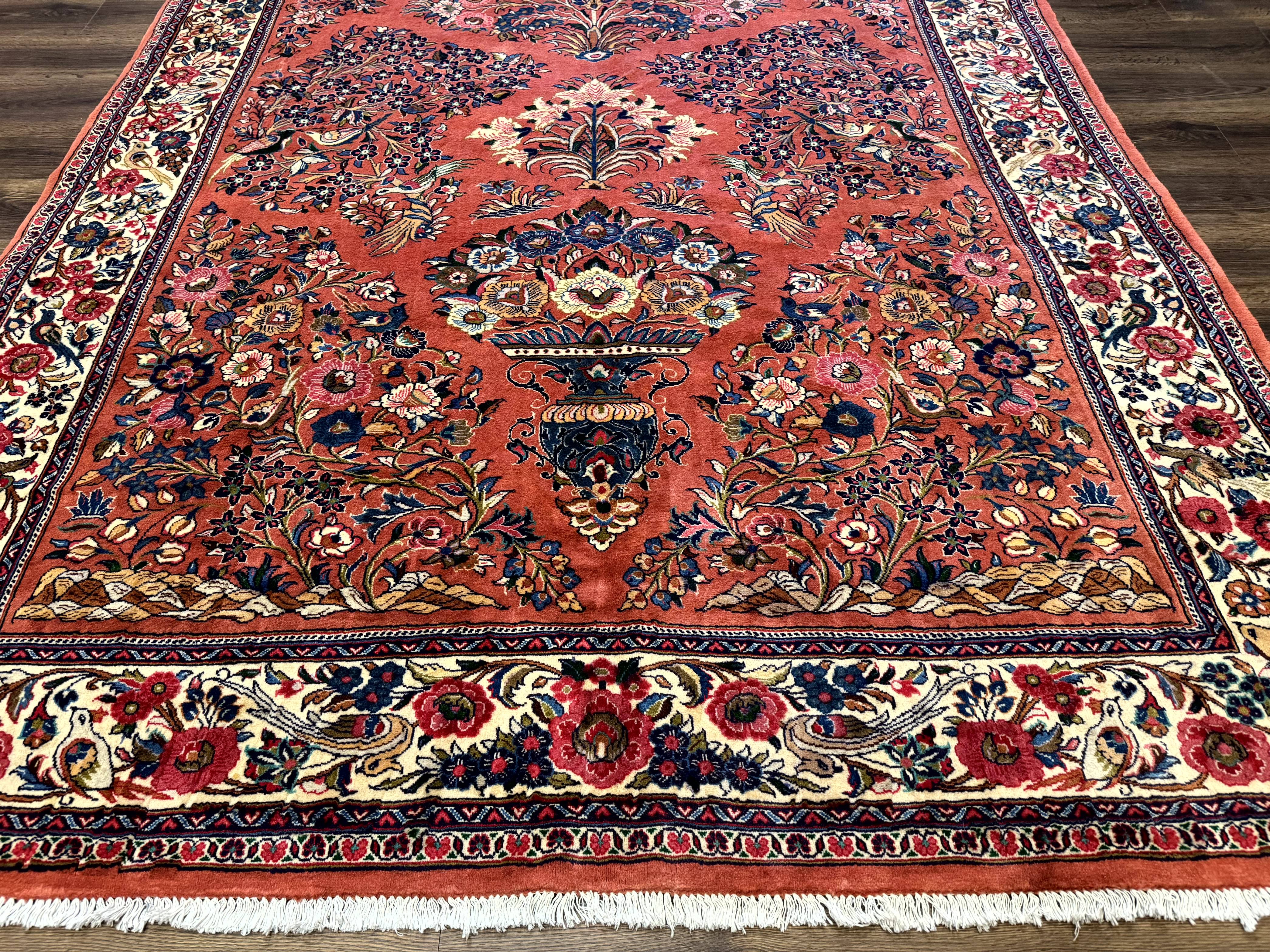 Persian Sarouk Rug 7x10, Red and Ivory, Floral Bouquets, Birds - Jewel Rugs
