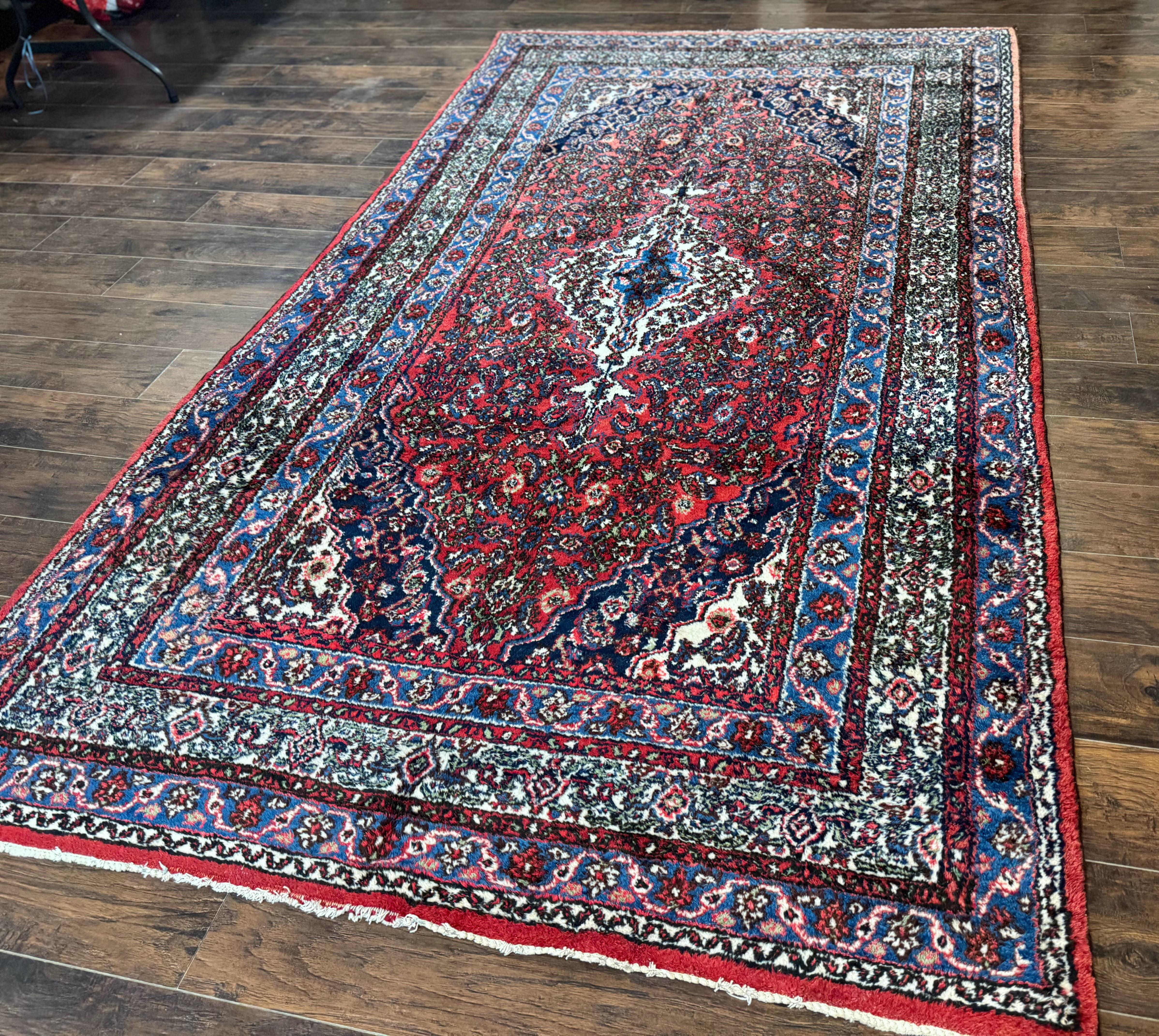 Persian Tribal Rug 6x11, Red Blue Ivory, Antique Persian Carpet, Hamadan Dargazin Carpet - Jewel Rugs