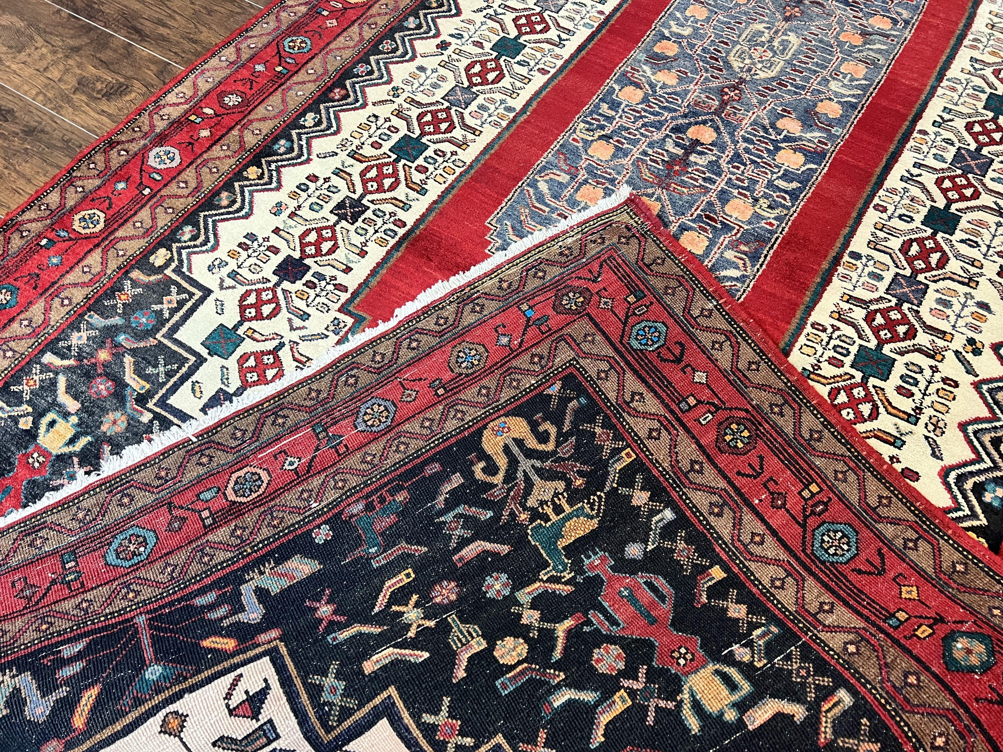 Persian Rug 5x12 ft, Red Cream Navy Blue, Pictorials, Hand Knotted Handmade Wide Runner Tribal Bidjar Semi Antique Wool Geometric Oriental Rug - Jewel Rugs