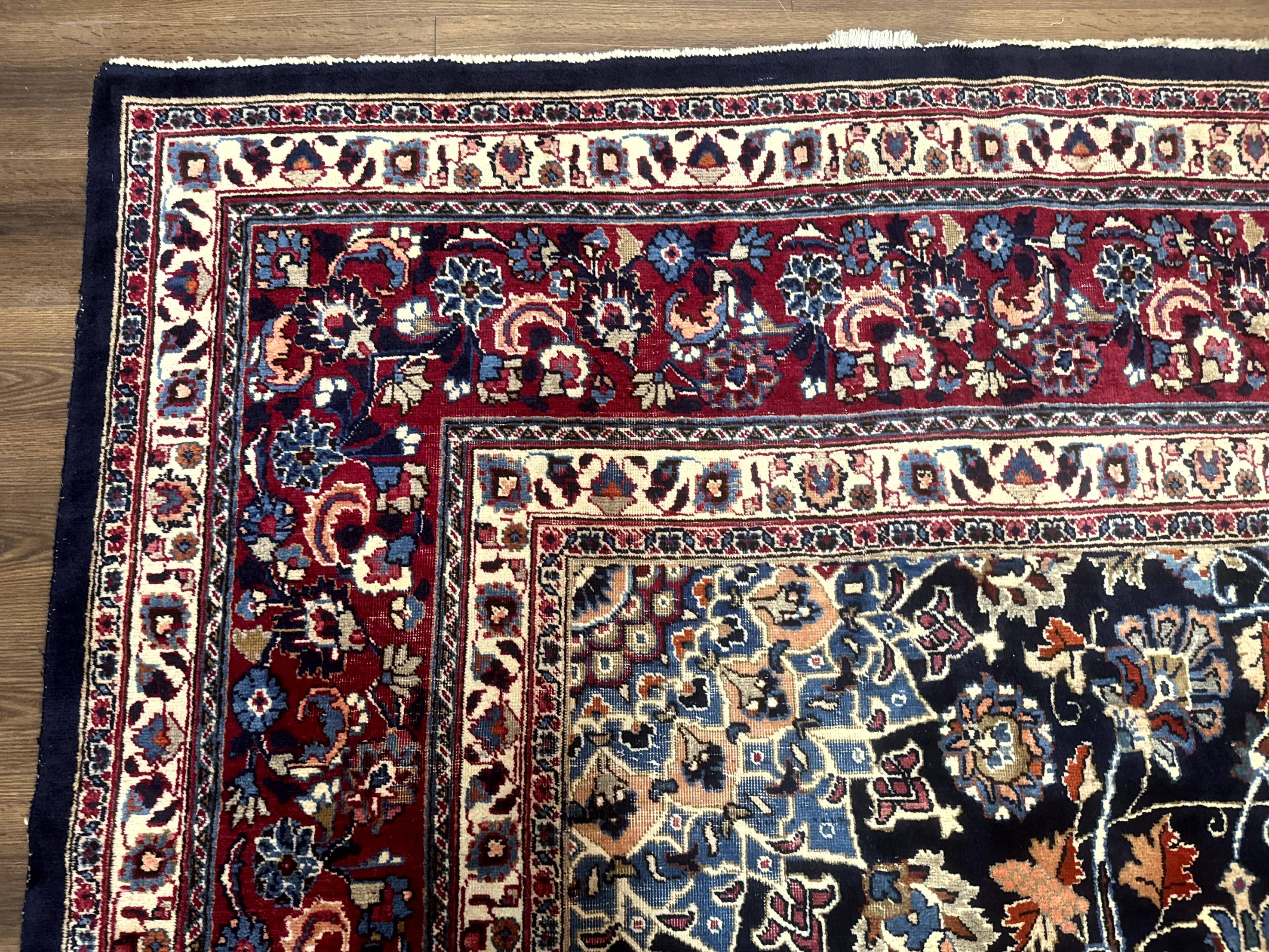 Palace Size Persian Mashad Rug 11x16, Navy Blue and Red, Floral Medallion - Jewel Rugs
