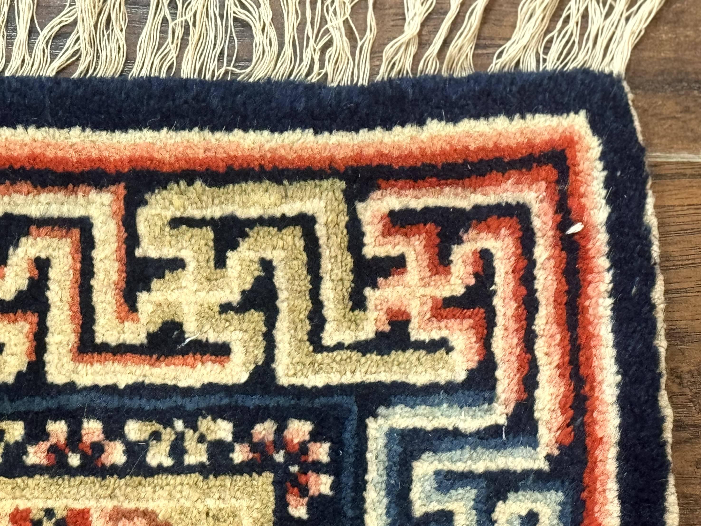 Small Antique Chinese Rug 2x2, Red Blue Square Rug Mat, Handmade, Tibetan Rug - Jewel Rugs