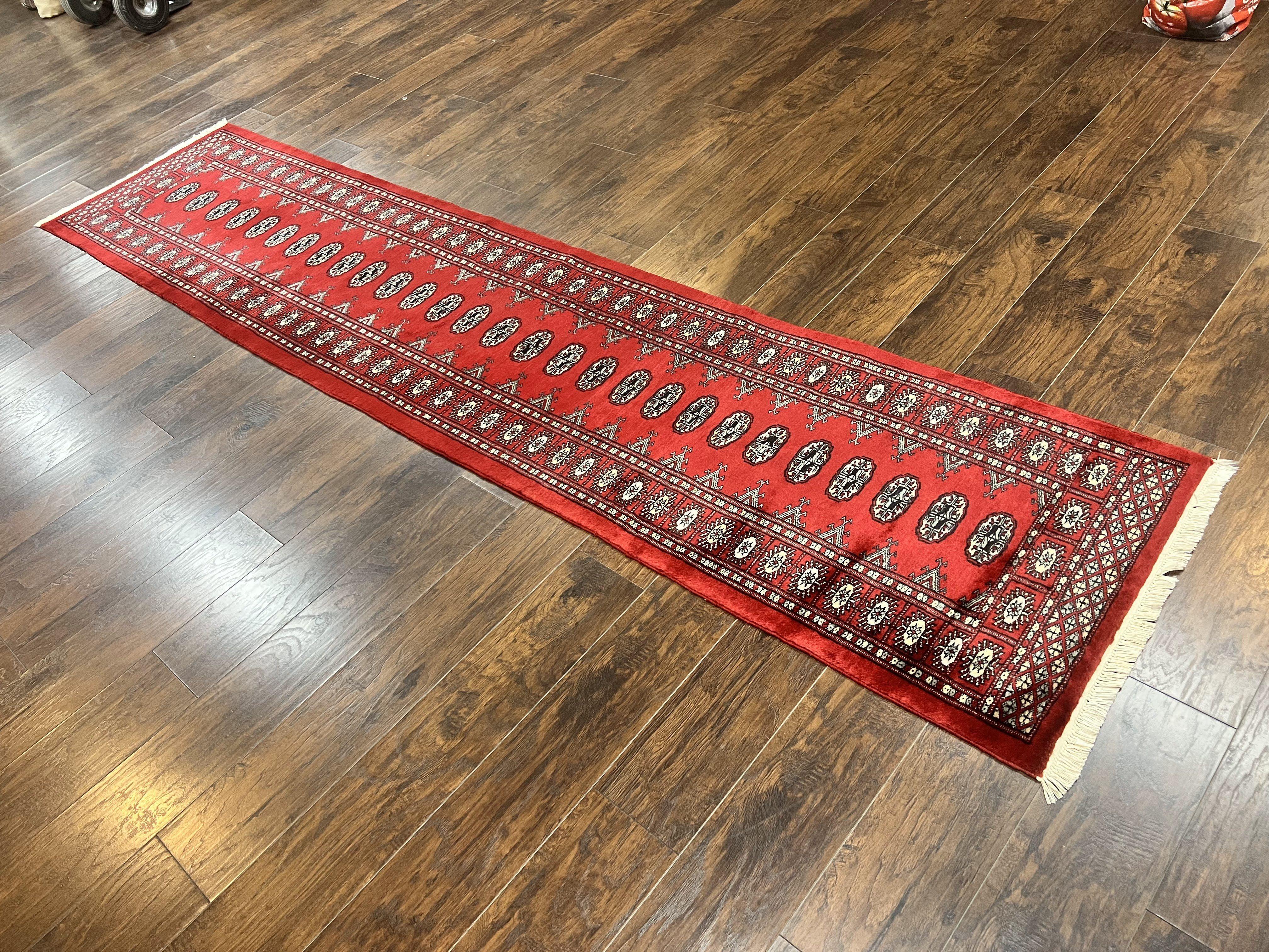 Pakistani Runner Rug 2.8 x 12, Bokhara Turkoman Runner, Wool Hand Knotted Vintage Hallway Rug, Red Ivory & Black - Jewel Rugs