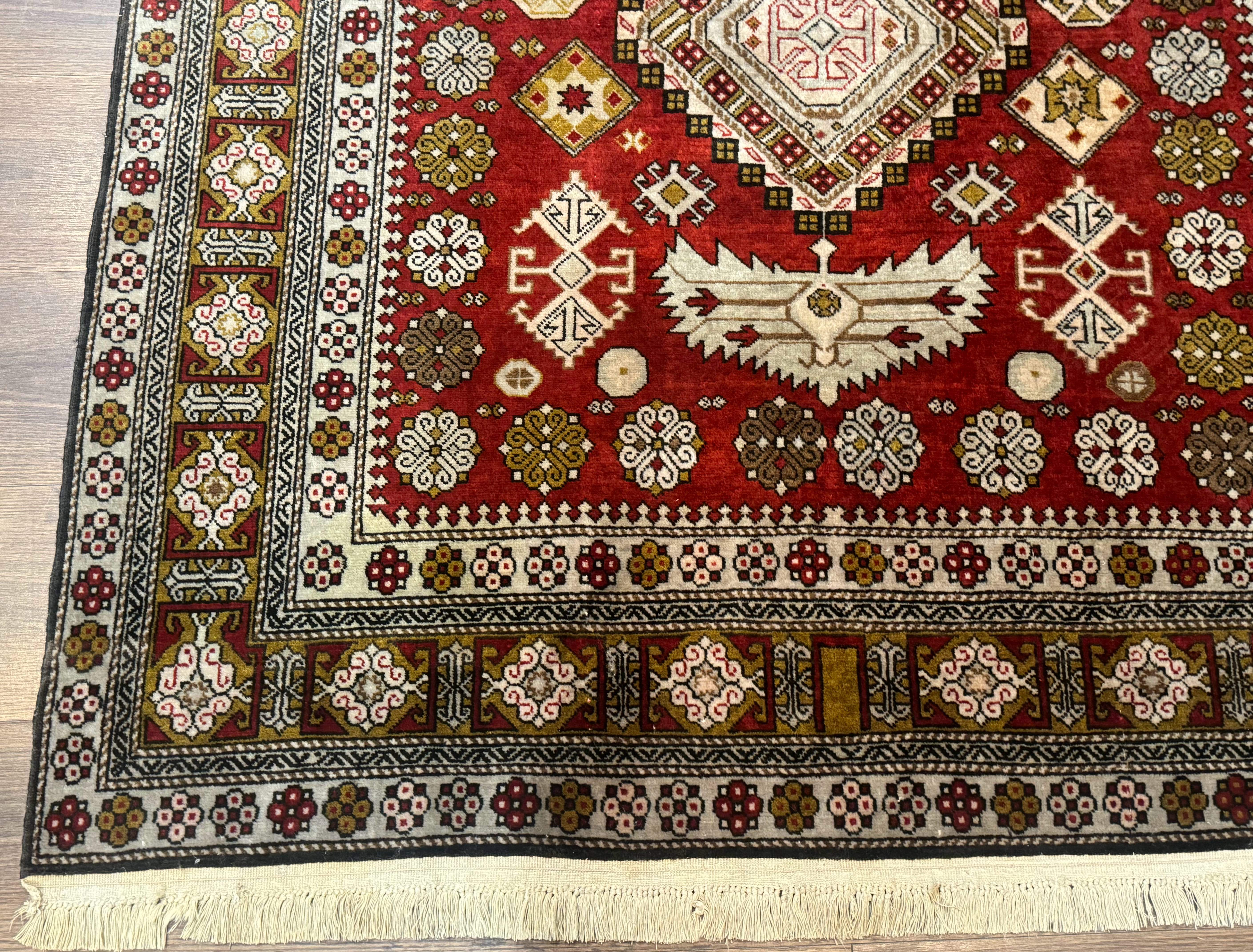 Caucasian Rug 4x6 – Rust Red, Hand-Knotted Wool Shirvan Carpet, Geometric Medallions - Jewel Rugs