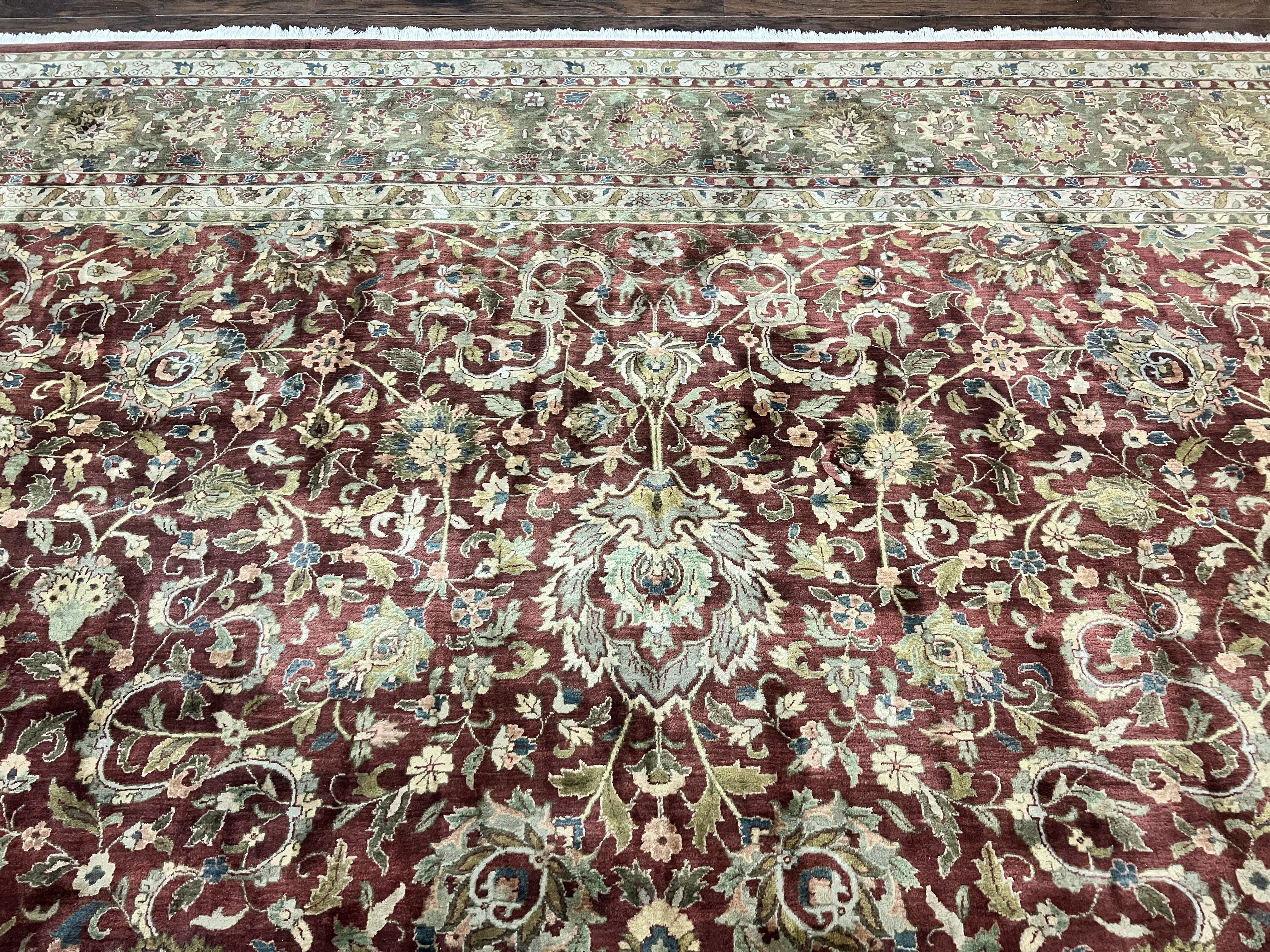 Indian Agra Rug 12x15, Oversized Extra Large Wool Hand Knotted Vintage Oriental Carpet, Burgundy & Olive Green, Floral Allover Rug 12 x 15 - Jewel Rugs