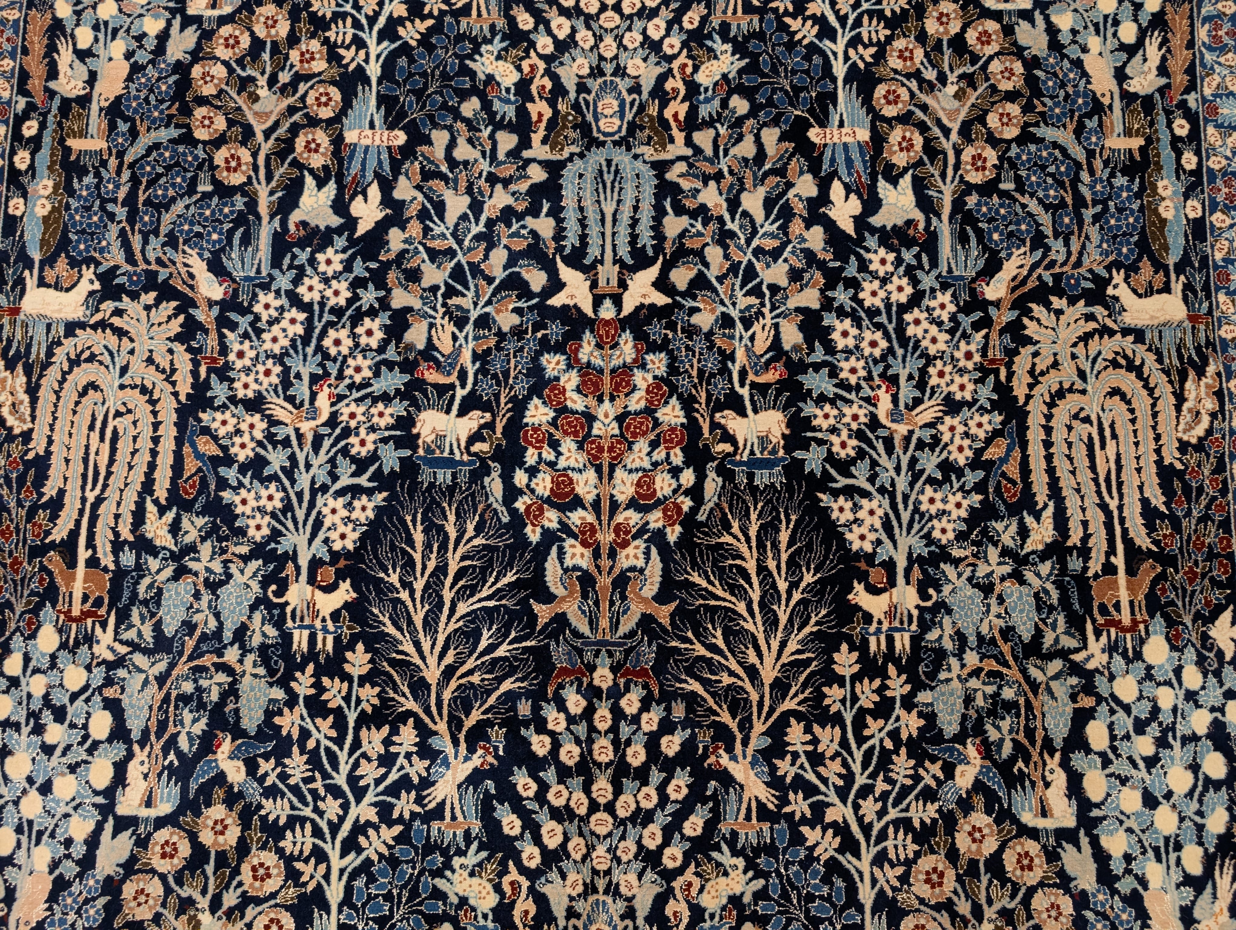 Persian Nain Rug 7x10, Rare Habibian Carpet, Tree of Life, Animal Pictorials, Wool & Silk Highlights, 380 KPSI - Jewel Rugs