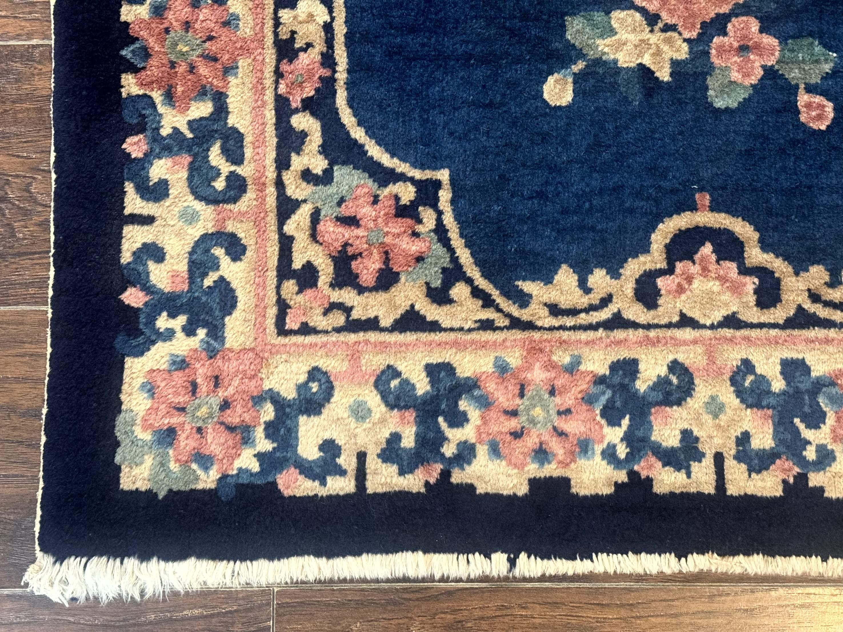 Blue and Beige Chinese Wool Rug 3x6, Chinese Fete Rug, Peking Rug, Antique Chinese Carpet - Jewel Rugs