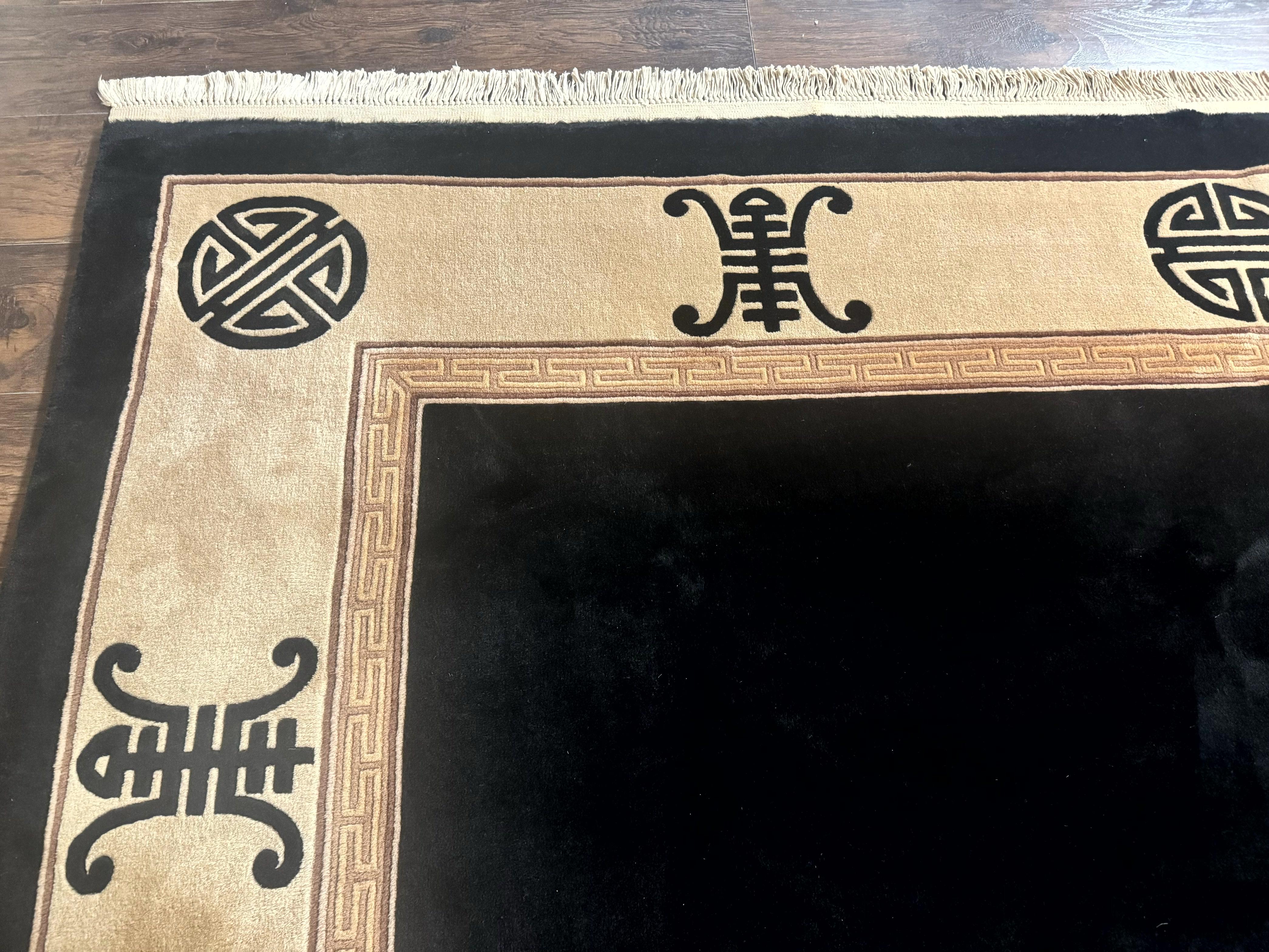 Black Chinese Wool Rug 9x12, Vintage Asian Oriental Carpet, Open Field Simple Design, Black and Beige - Jewel Rugs