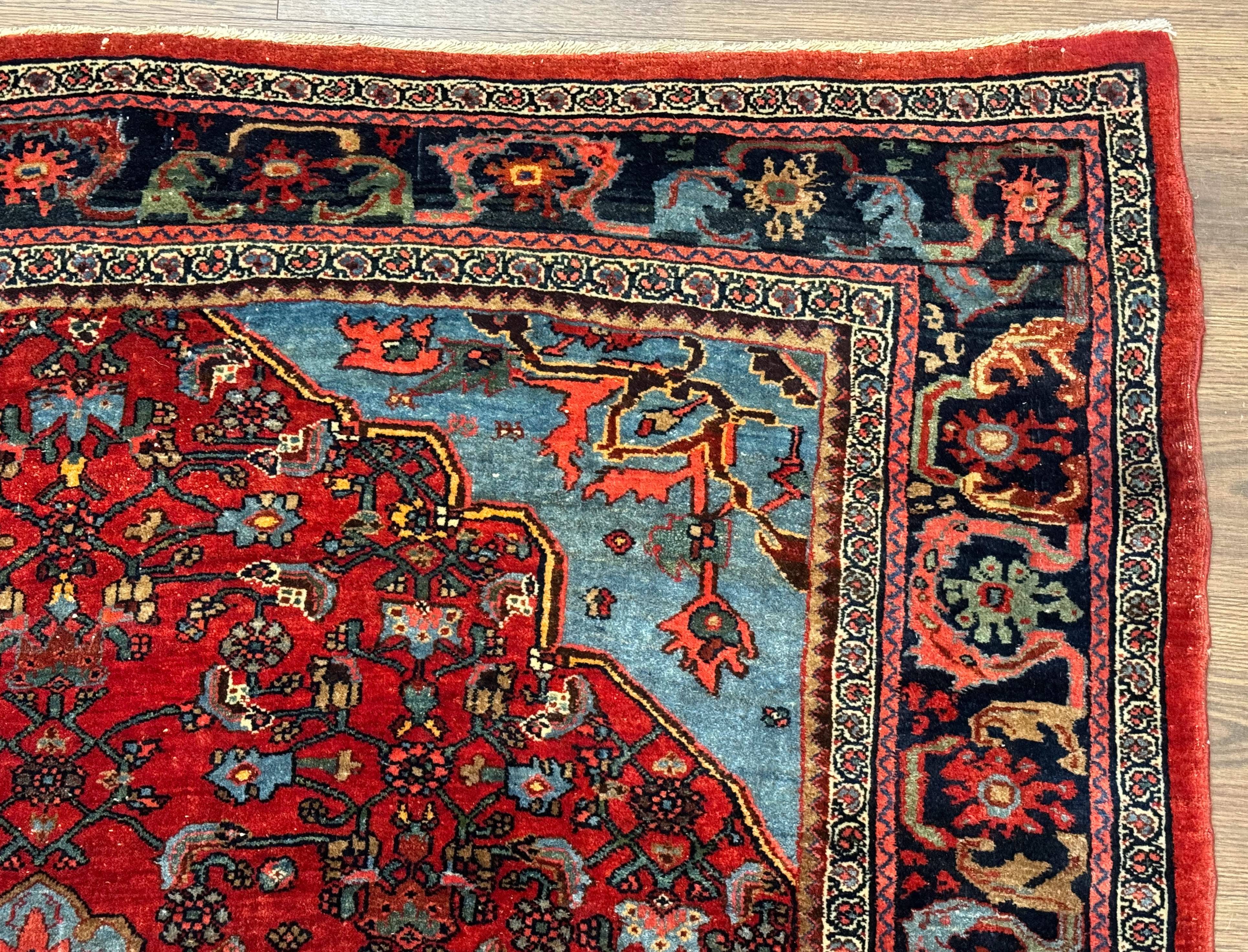 Antique Persian Bijar Rug 5x8, Red and Navy Blue, Medallion and Corner Design - Jewel Rugs