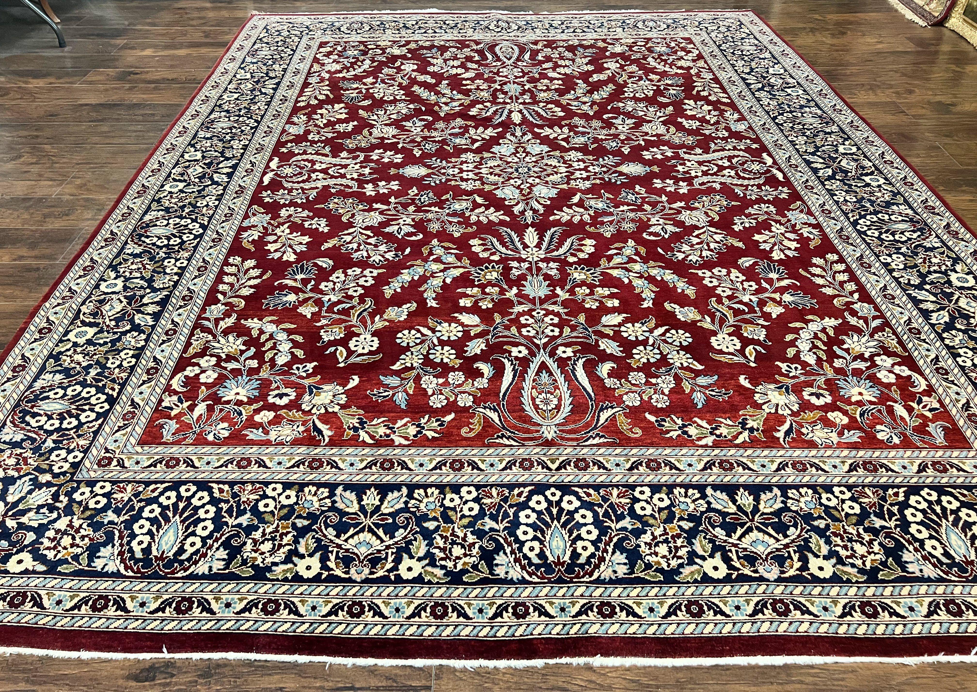 Indo Persian Sarouk Rug 9x12, Floral Allover, Dark Red & Navy Blue, Handmade Vintage Wool Carpet - Jewel Rugs