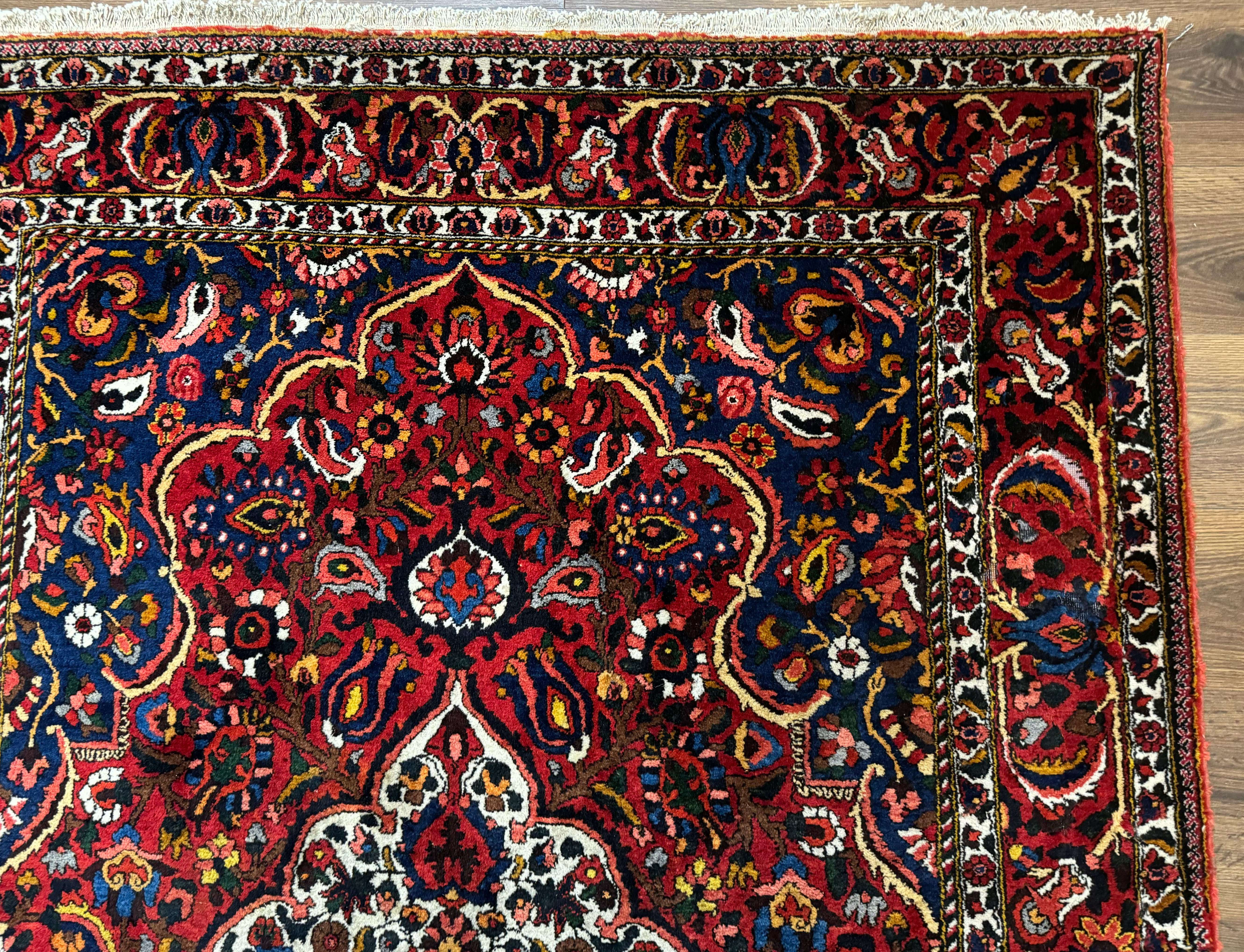 Persian Tribal Rug 5x9, Bakhtiyari Chalshotor Carpet, Medallion, Red Ivory Navy Blue - Jewel Rugs