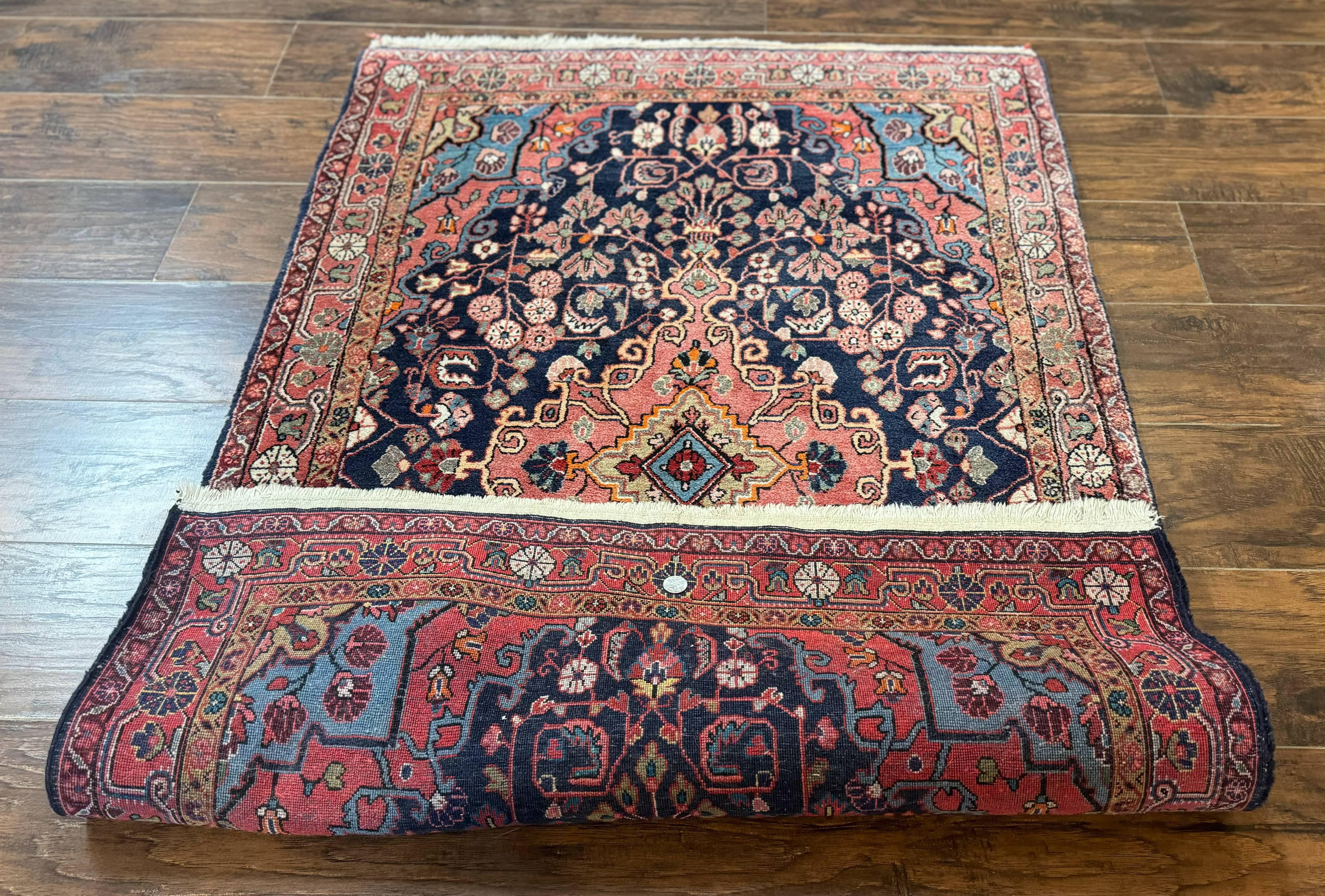 Persian Rug 3x5, Jozan Sarouk Rug, Navy Blue and Coral, Medallion Rug, Semi Antique - Jewel Rugs