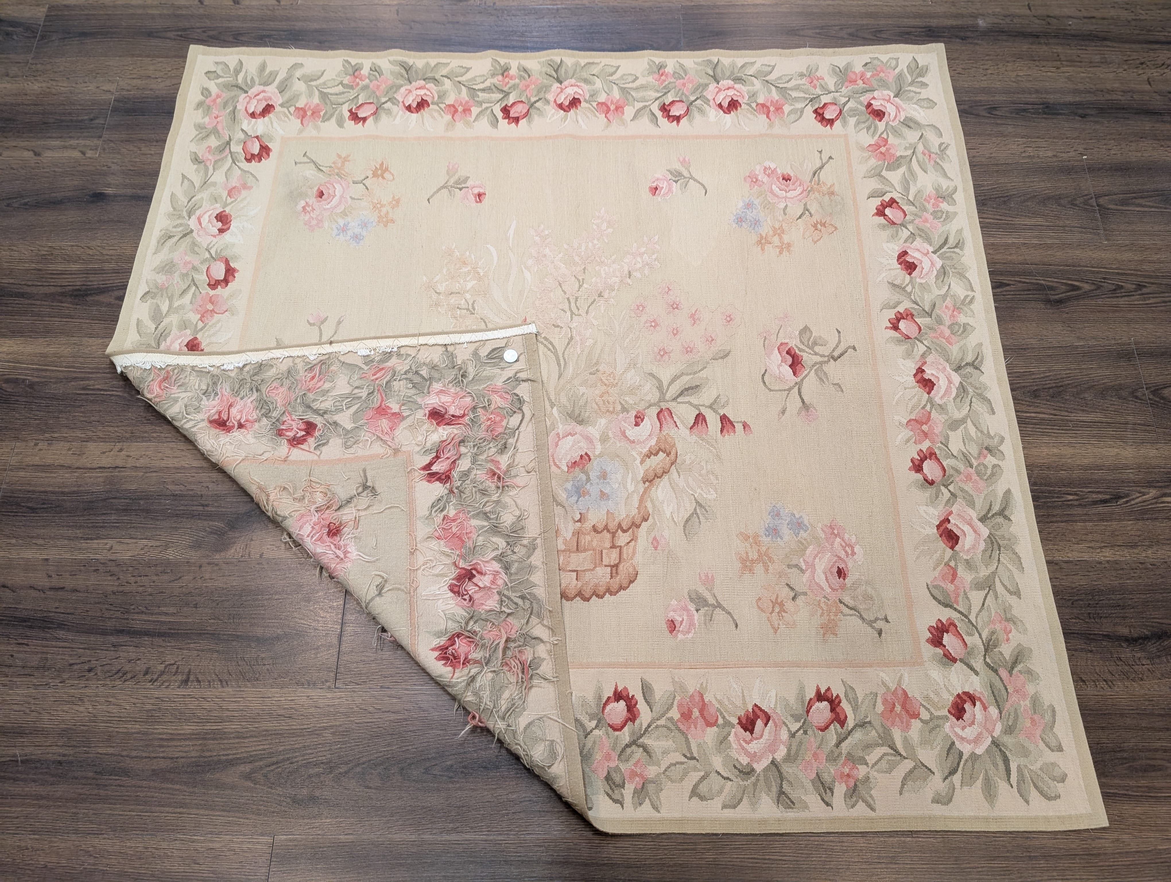 Square Aubusson Rug 4.8 x 5, French Vintage Floral European Wool Carpet - Jewel Rugs