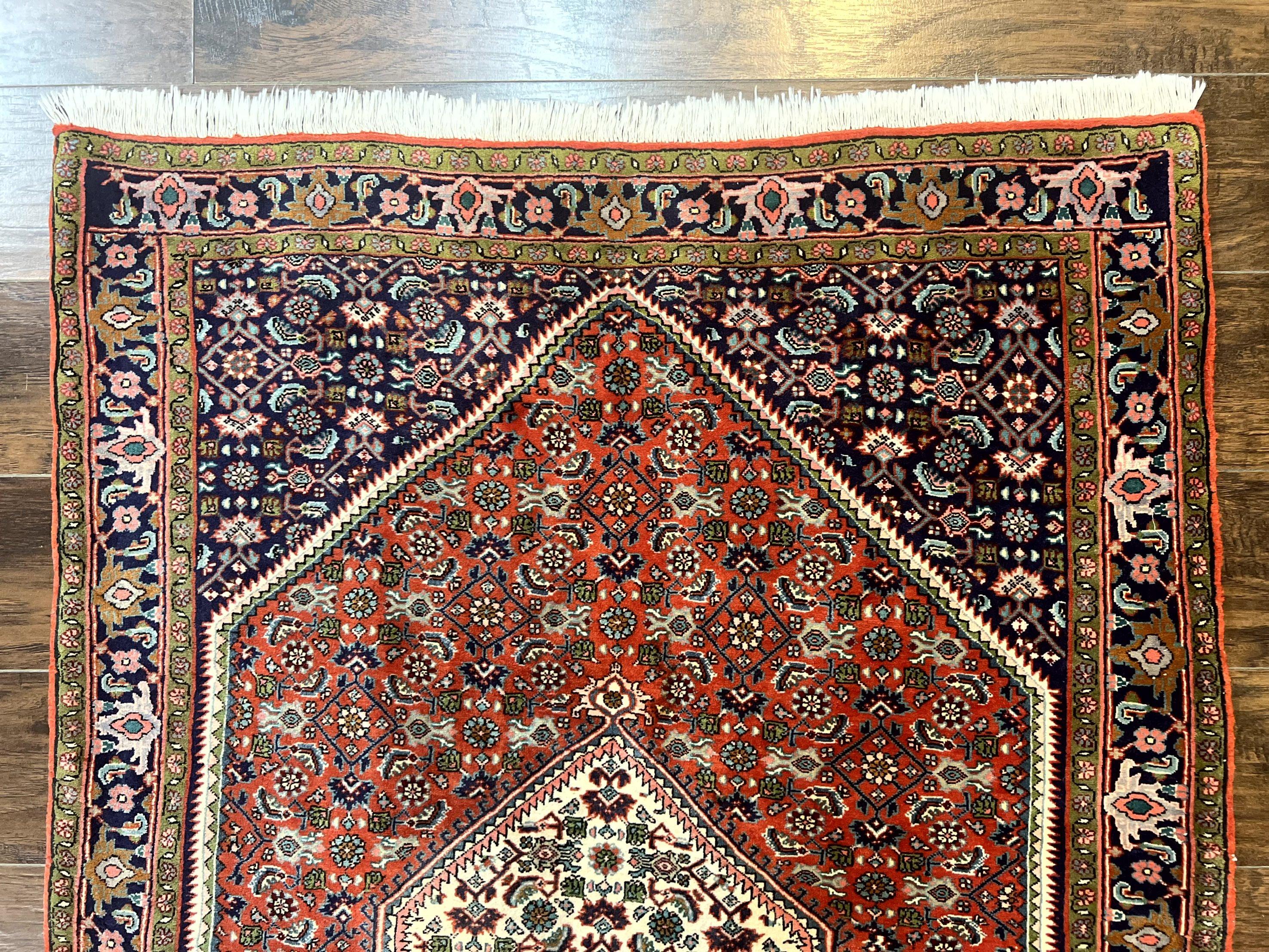 Persian Bidjar Rug 4x5, Finely Hand Knotted Vintage Carpet, Red and Navy Blue, Handmade Wool Rug, 180 KPSI - Jewel Rugs