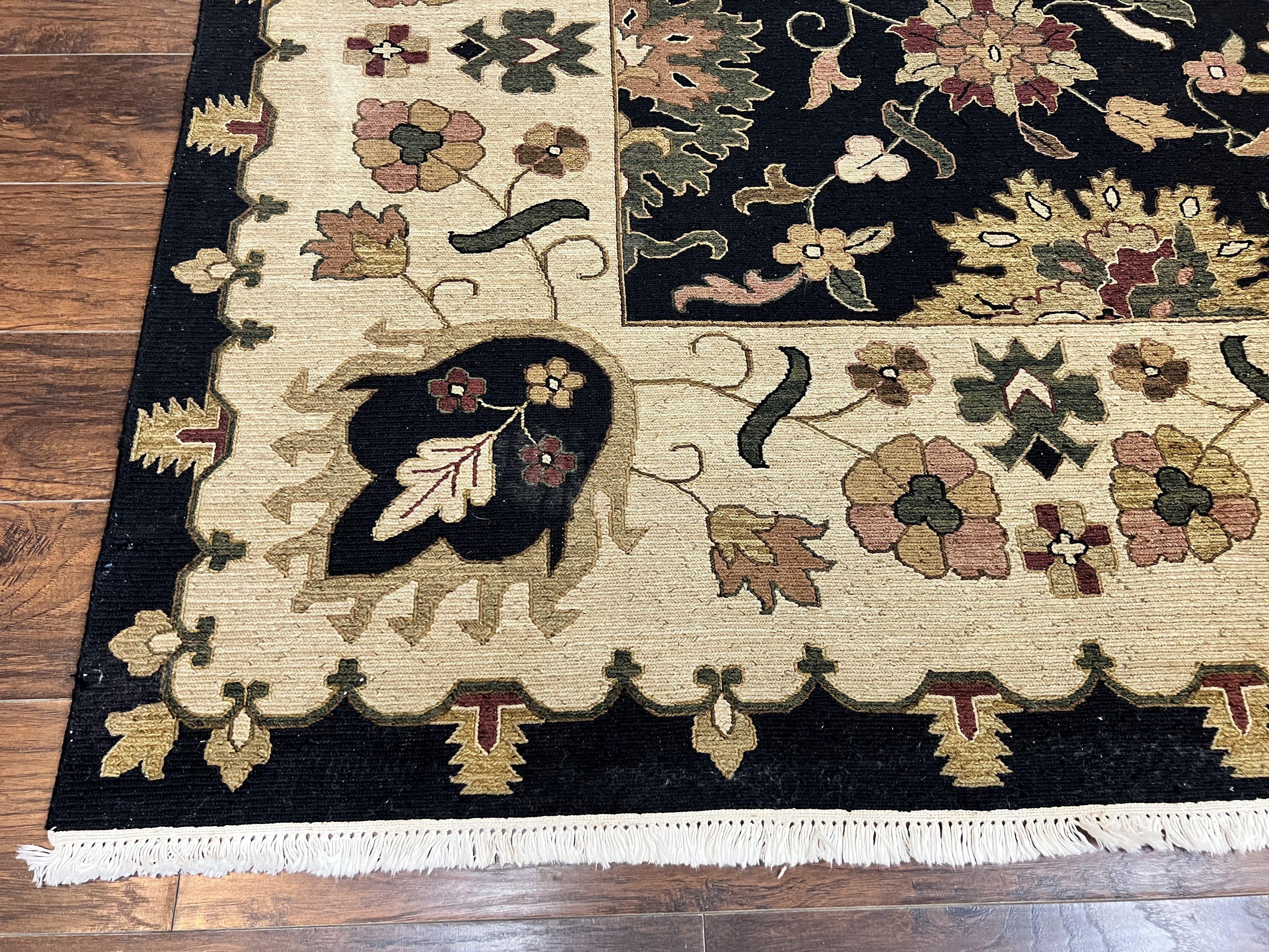 Indo Persian Rug 10x14, Wool Handmade Room Sized Floral Oriental Carpet, Indian Mahal Flatweave Rug, Black Beige - Jewel Rugs
