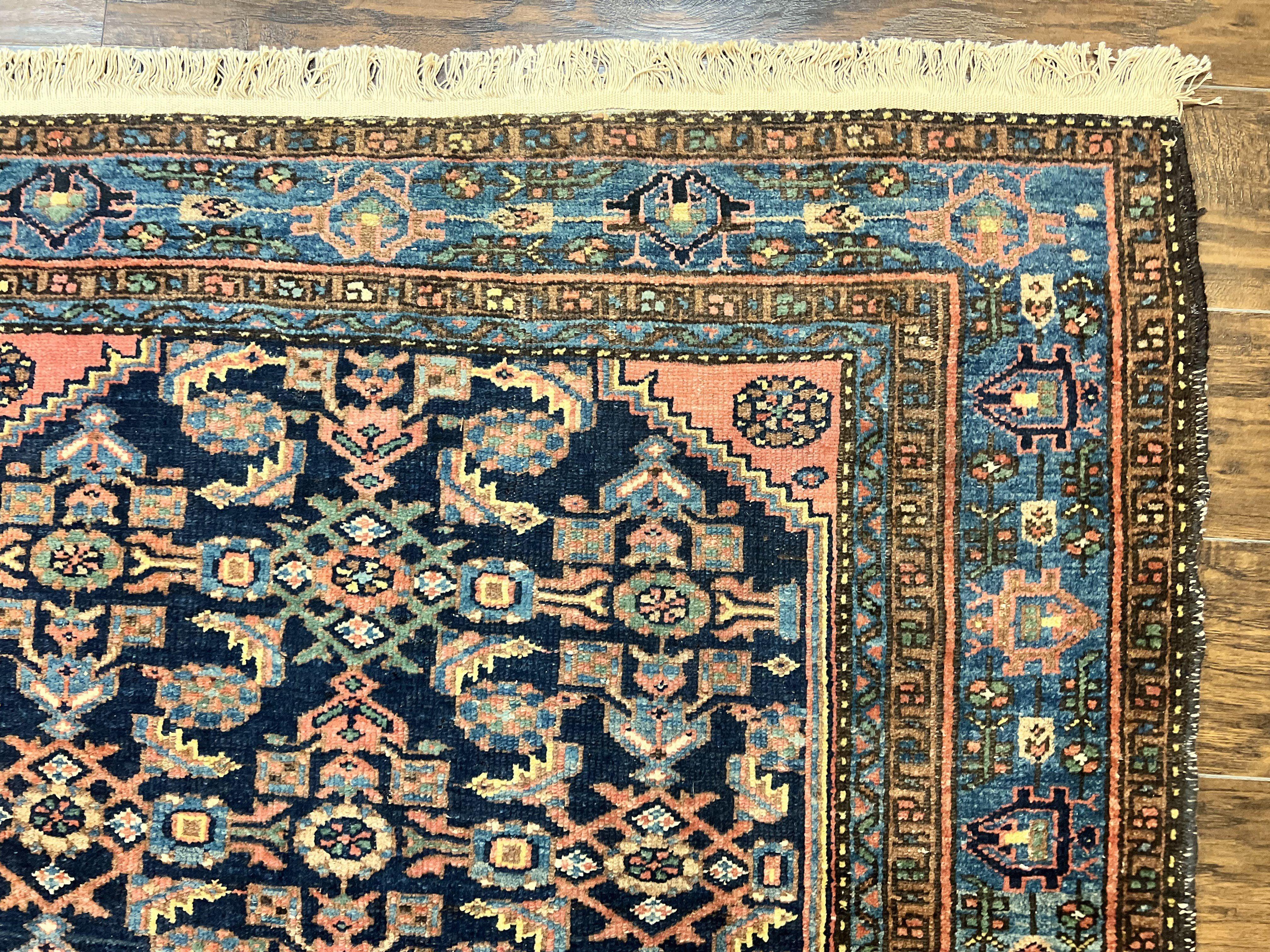 Antique Persian Tribal Rug 5x7, Navy Blue & Pink, Hand Knotted Handmade 1920s Wool Rug, Allover Pattern, Persian Hamadan Rug - Jewel Rugs