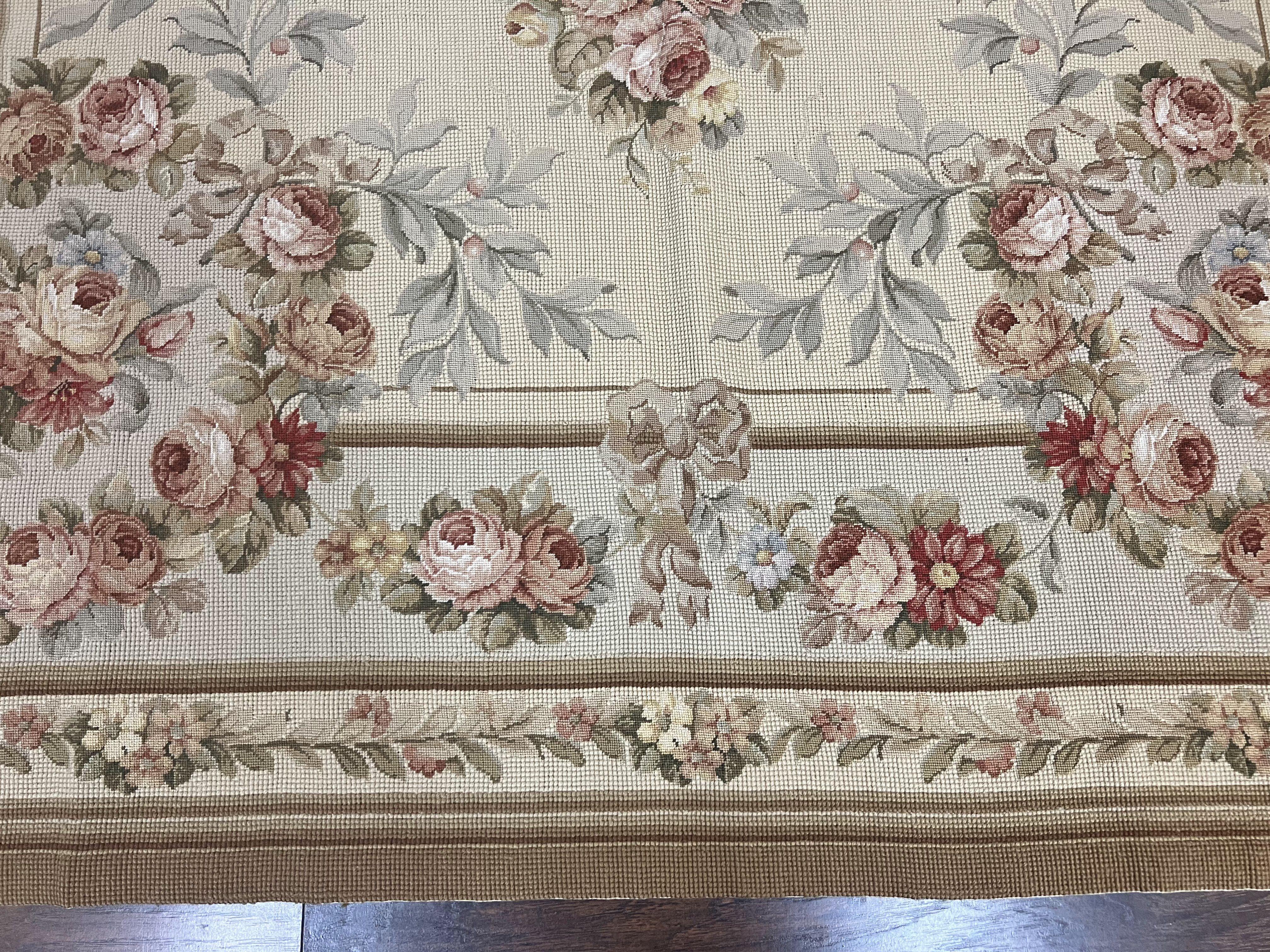 Needlepoint Rug, Aubusson Design, Petit Point Carpet, Floral, Cream, French European Design, Flatweave, Wool, Vintage - Jewel Rugs