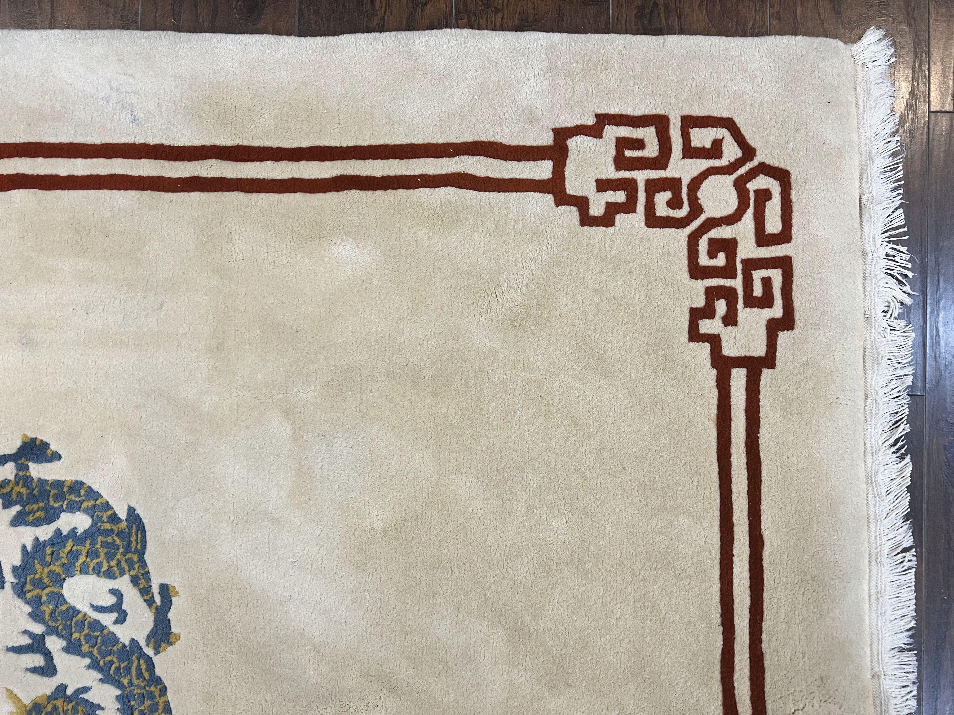 Chinese Wool Rug 5x8, Chinese Dragon Rug 5 x 8, Peking Carpet, Simple Design, Ivory, Wool Vintage Handmade Asian Art Deco Oriental Rug - Jewel Rugs