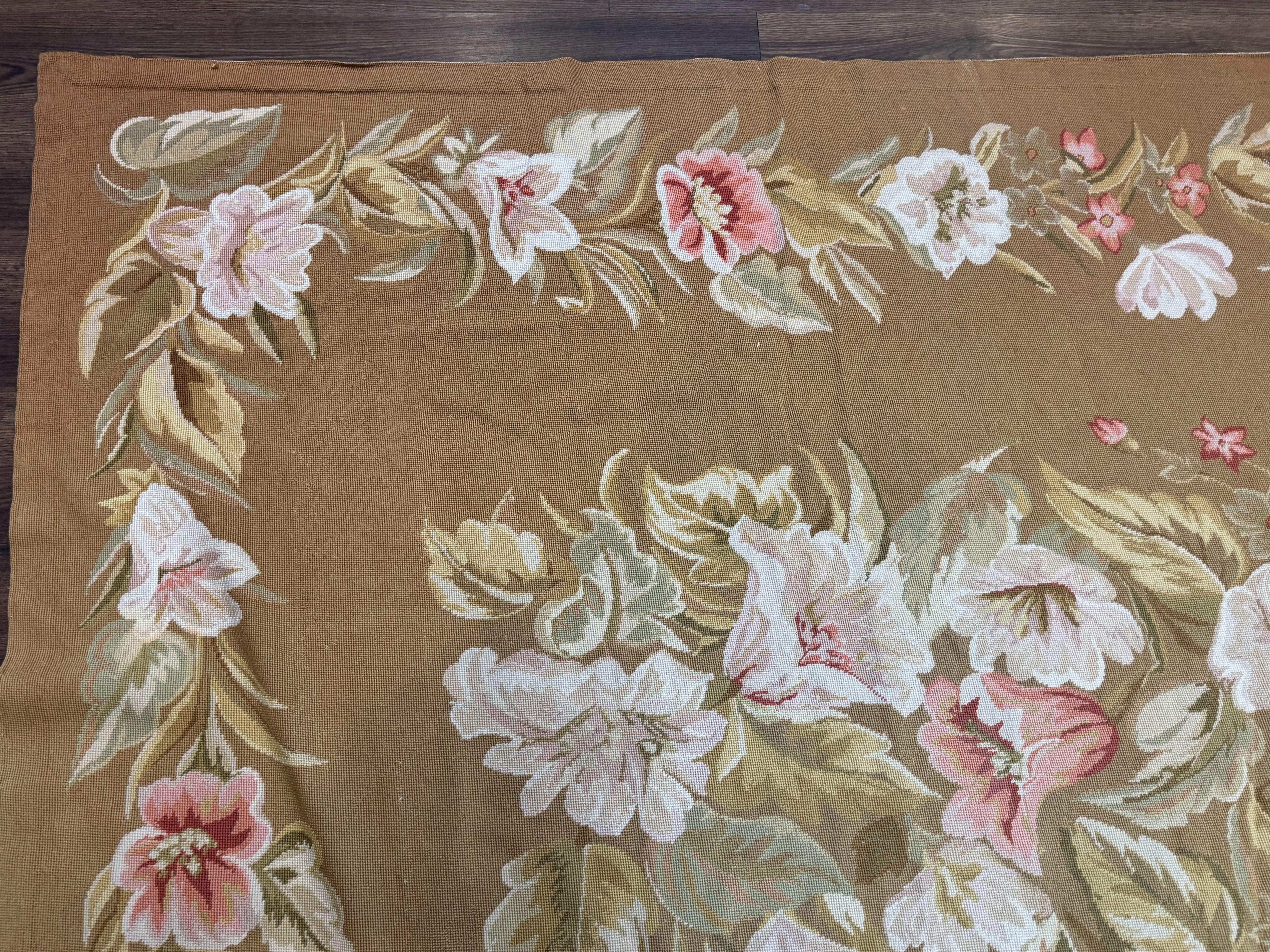 Large Needlepoint Rug 11x14, Vintage Floral Wool Carpet, Caramel - Jewel Rugs