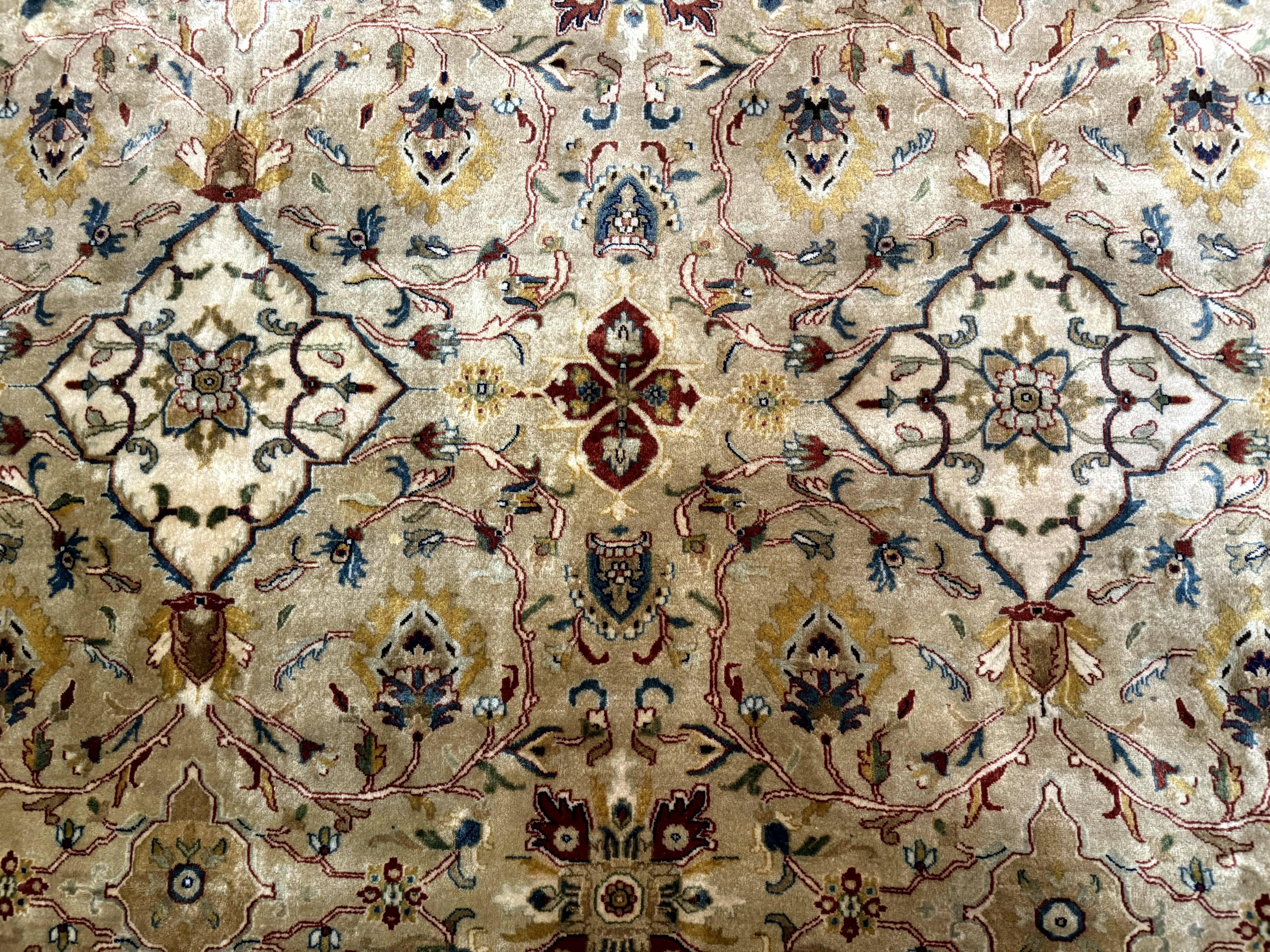 Palace Sized Indo Persian Tabriz Rug 12x18, Tan, Hand Knotted Handmade Oversized Wool Area Rug, Allover Pattern, Fine 225 KPSI - Jewel Rugs