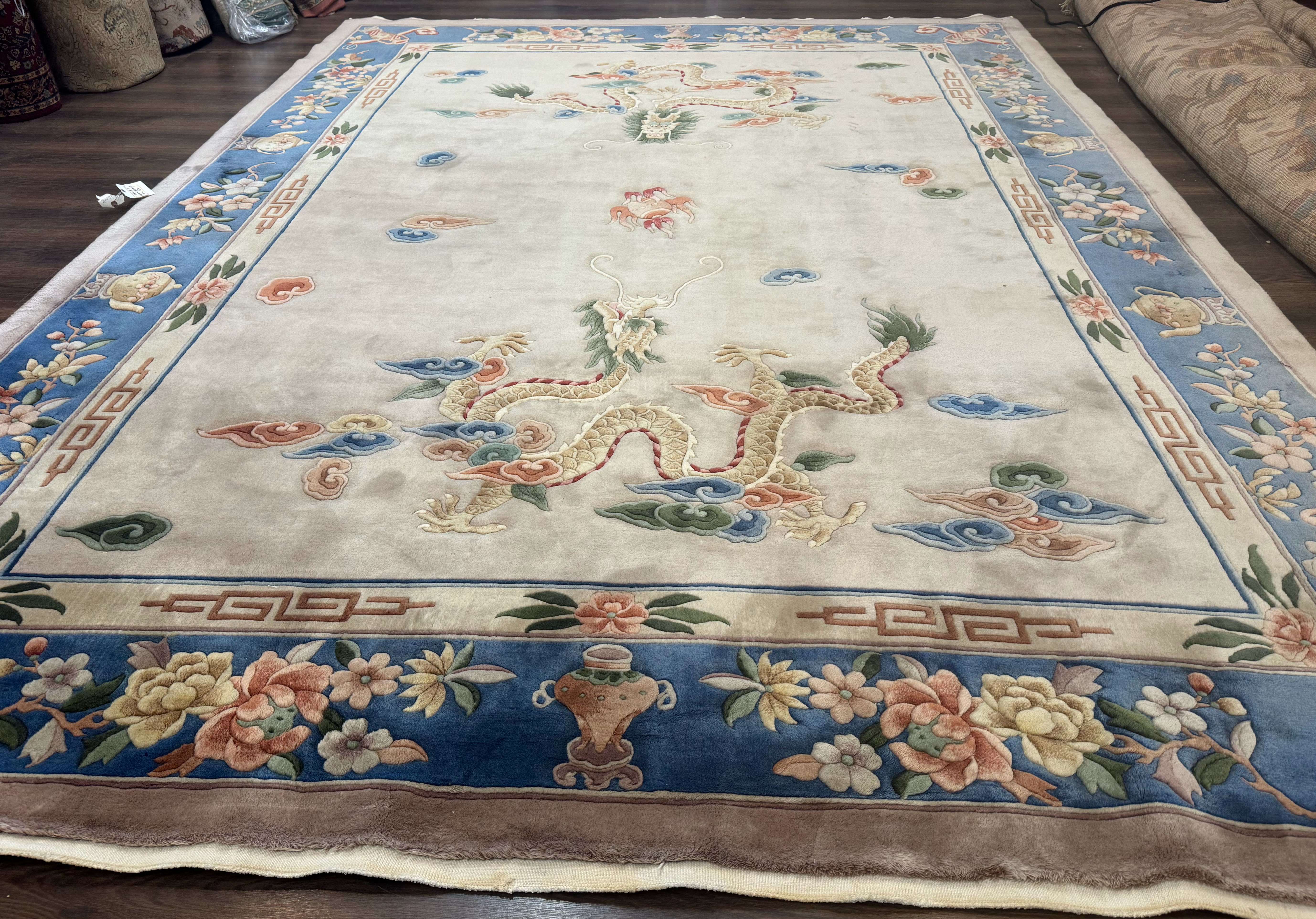 Chinese Wool Rug 9x12 with Dragons, Vintage Chinese 90 Line Carpet - Jewel Rugs