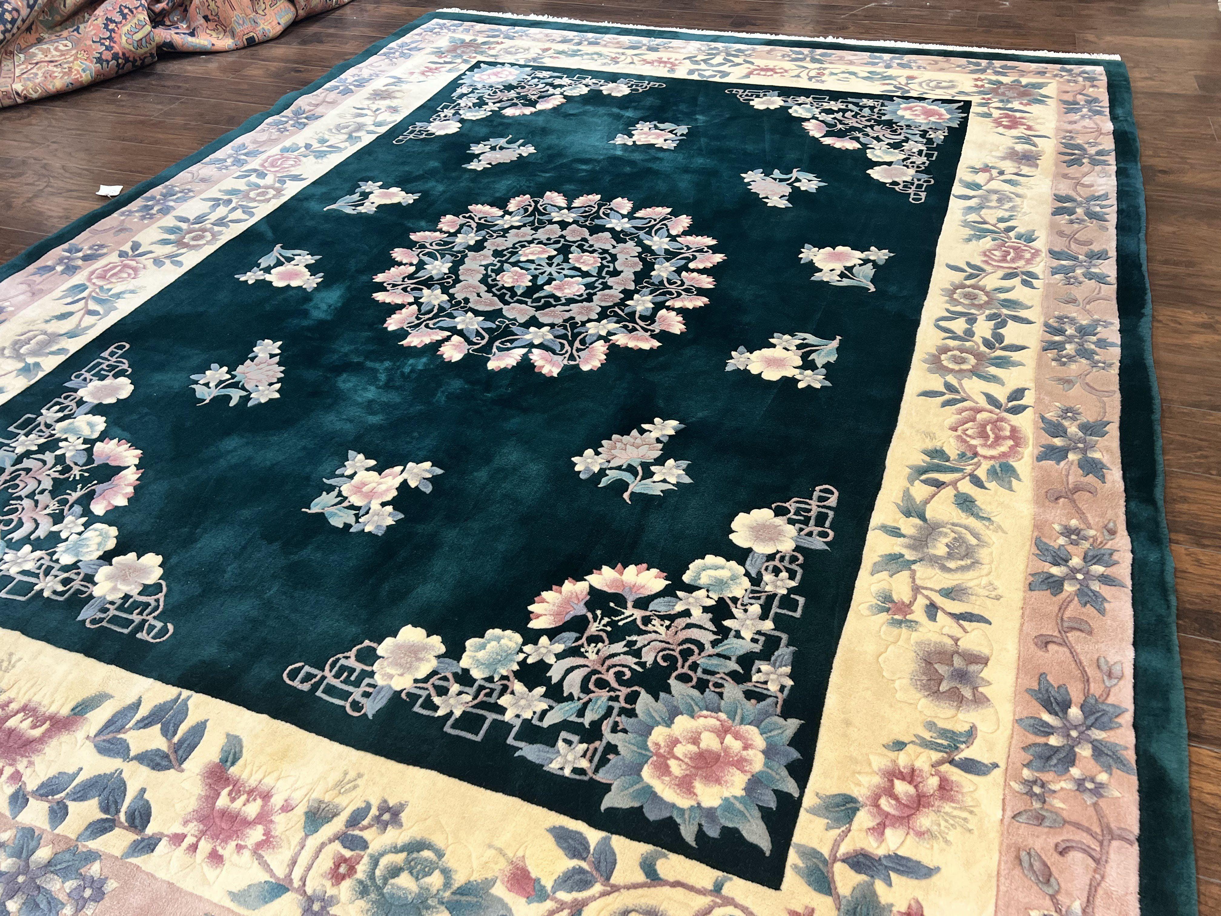 Chinese Art Deco Rug 9x12, Wool Hand Knotted Vintage Carpet, Dark Green & Cream, 90 Line Carving Rug - Jewel Rugs
