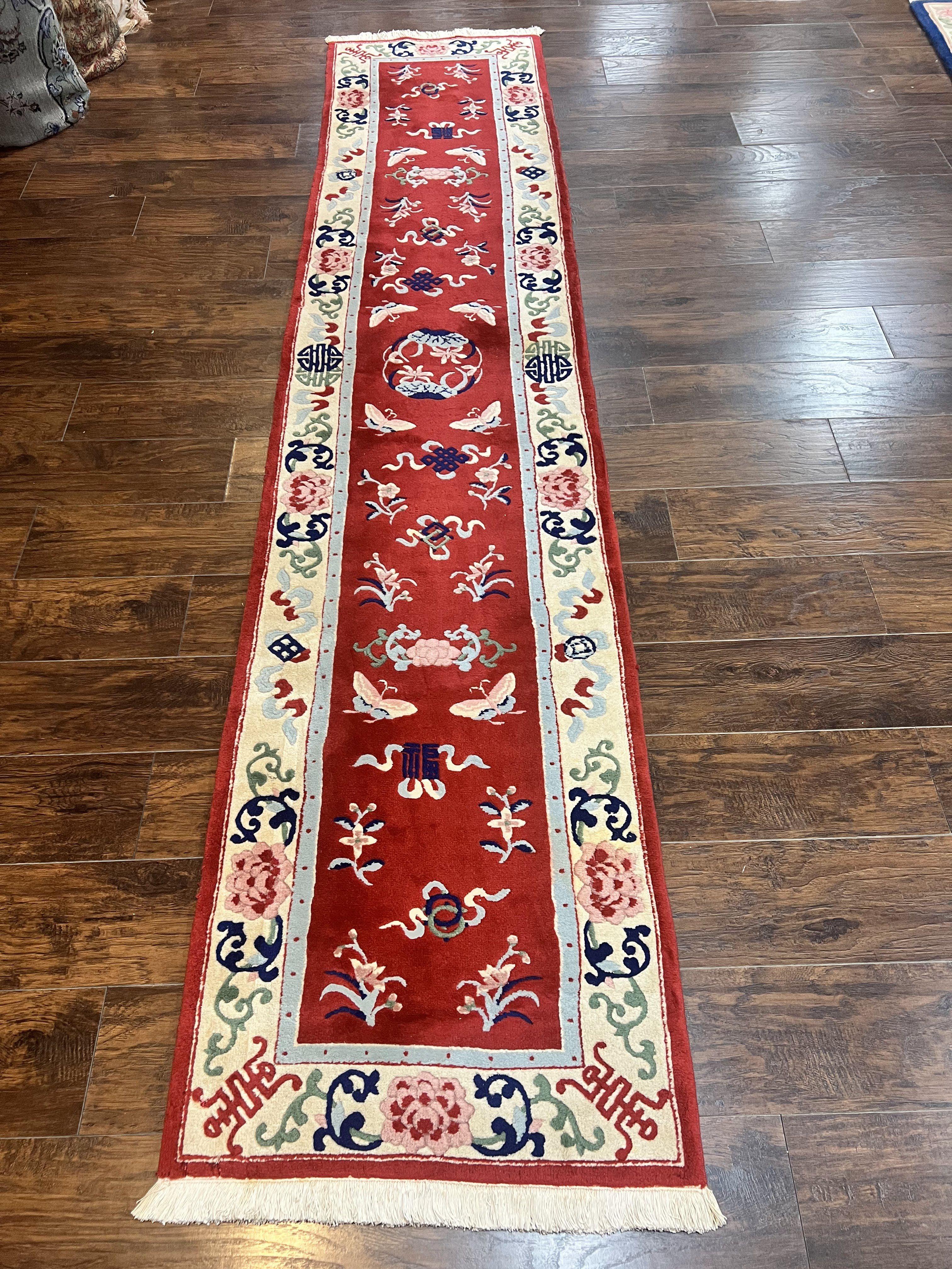 Chinese Wool Runner Rug 2x11, Red and Cream, Butterflies, Handmade Vintage Wool Asian Oriental Carpet 2 x 11, Chinese Carving Rug, 120 Line - Jewel Rugs