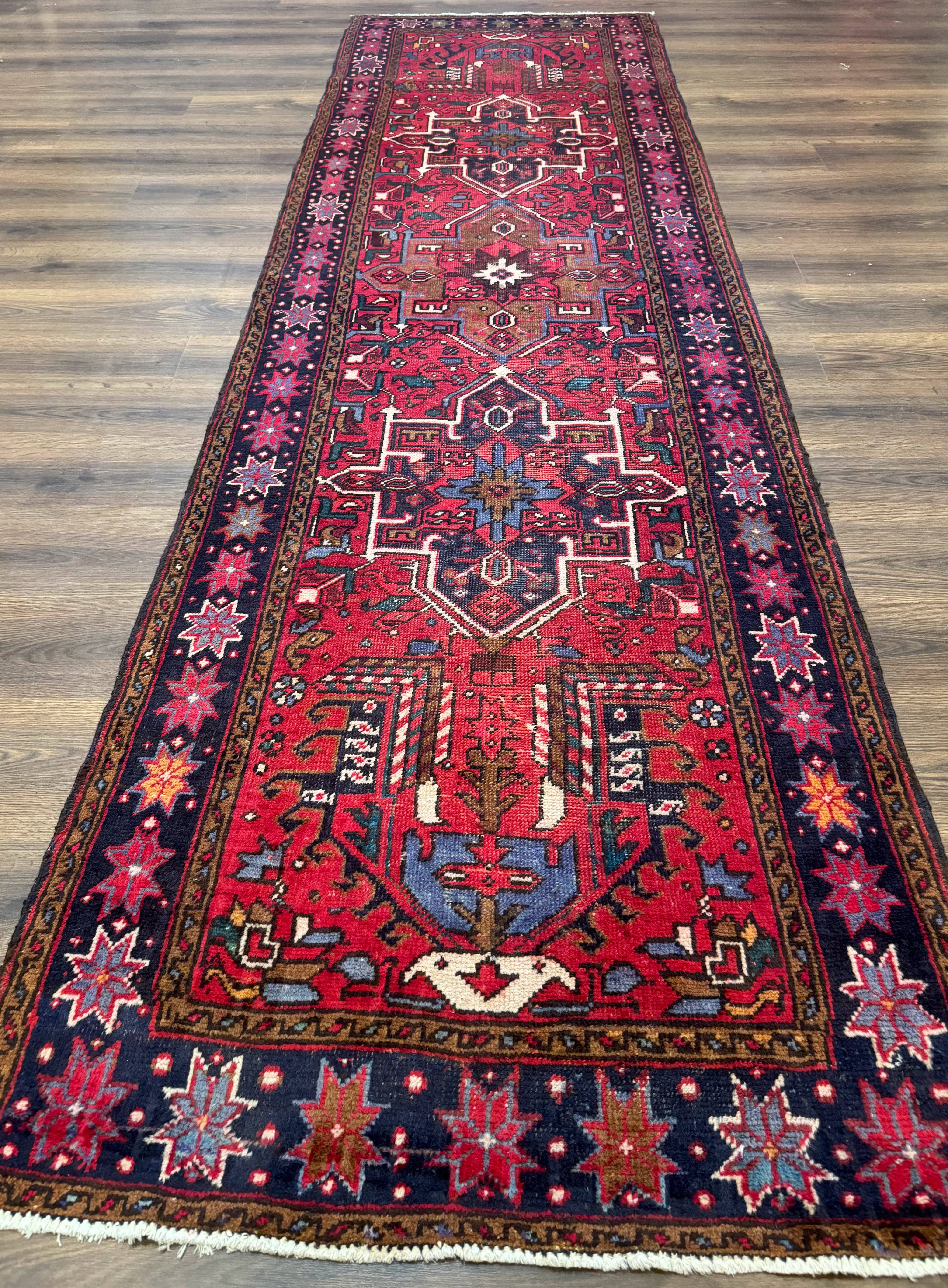 Persian Heriz Karajeh Runner Rug 3.7 x 12, Geometric Medallions, Red and Navy Blue - Jewel Rugs