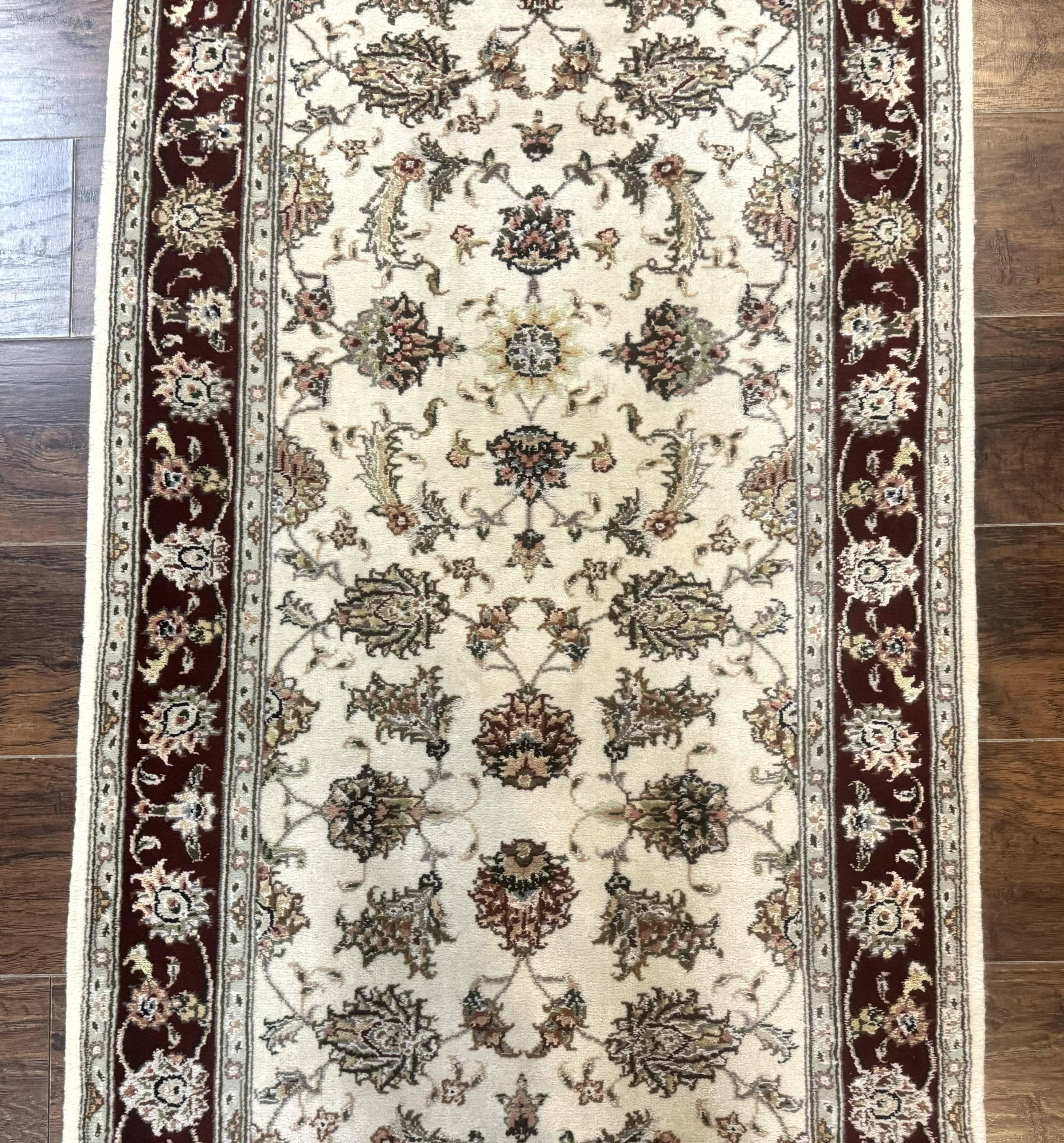 Pak Persian Runner Rug 2.8 x 8, Handmade Vintage Carpet, Beige and Maroon, Wool and Silk Highlights - Jewel Rugs