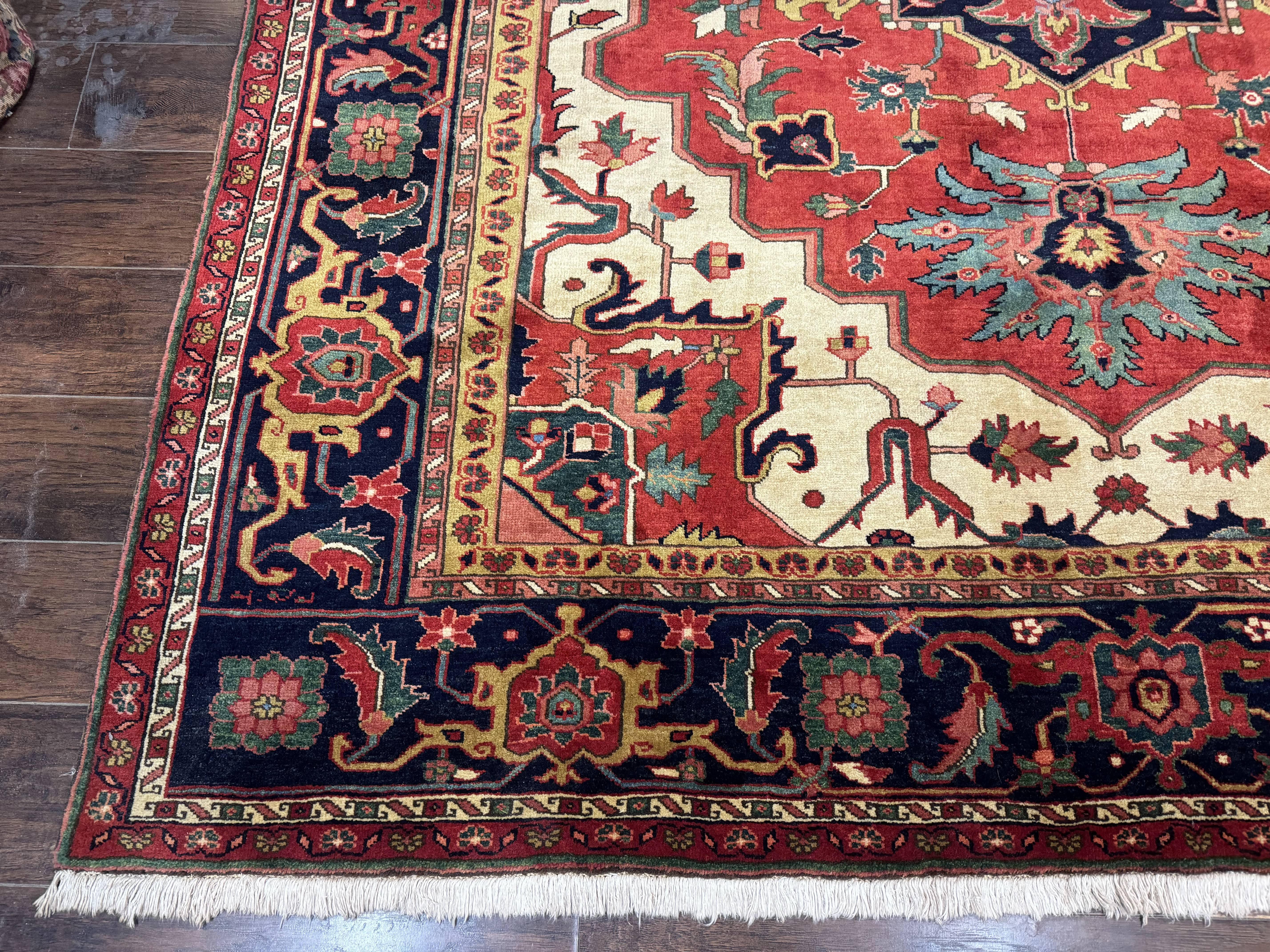 Persian Heriz Serapi Rug 8 x 10.6, Geometric Medallion, Great Colors, Rare, Red Navy Blue Ivory - Jewel Rugs