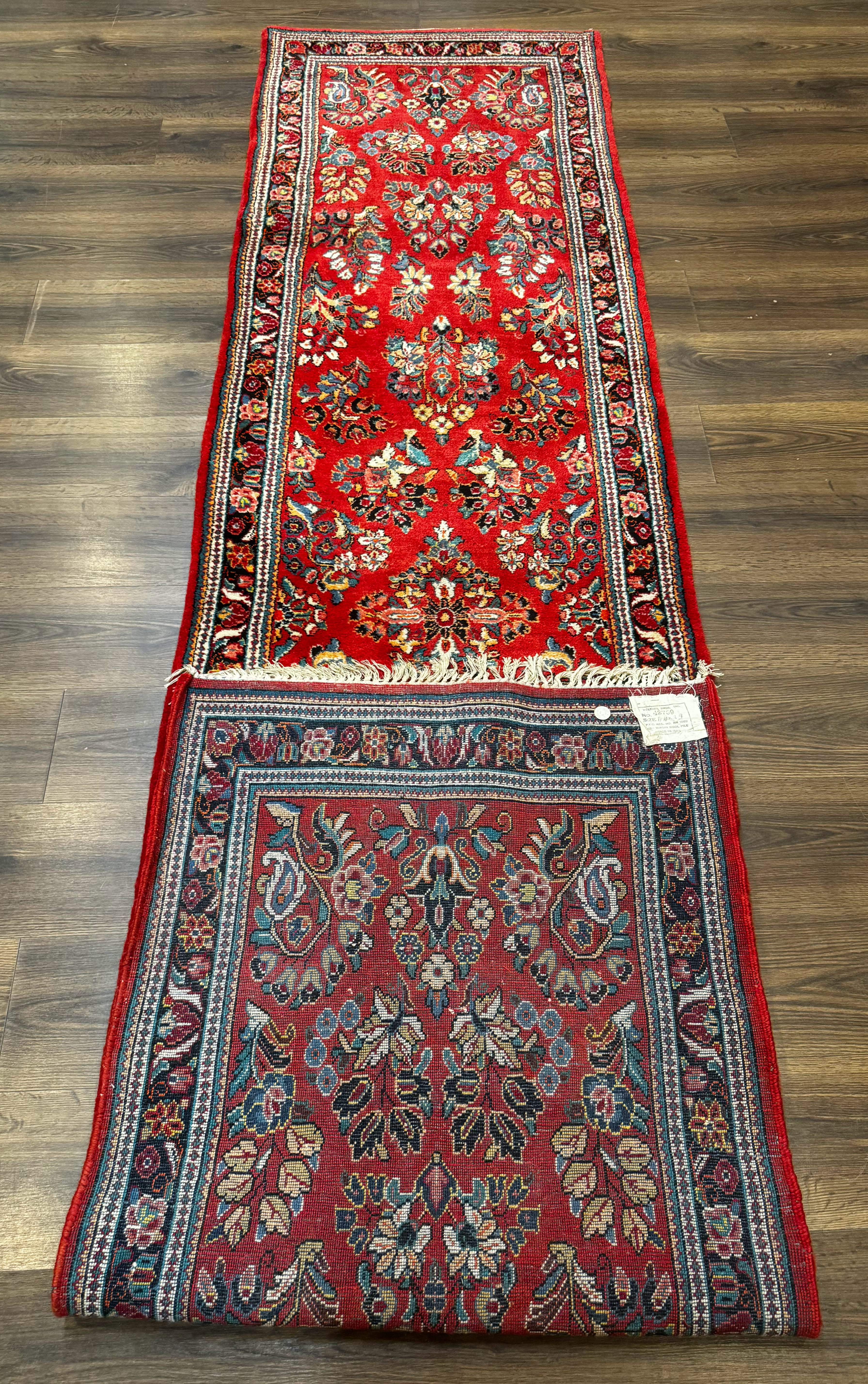 Persian Sarouk Runner Rug 3x12, Red Floral 3 x 12ft Runner, Vintage, Wool - Jewel Rugs